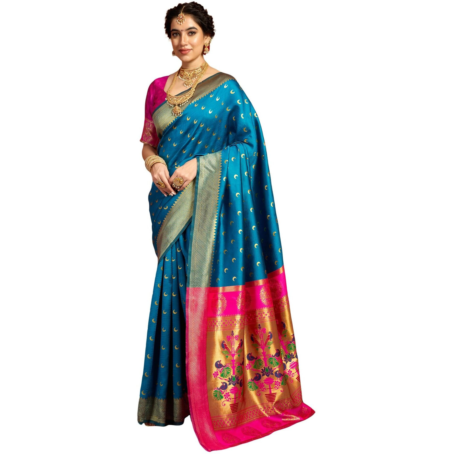 Siril Women's Paithani Silk Saree | Chandrakor Paithani Saree With Unstitched Blouse Piece (4047S6315_Light Blue)