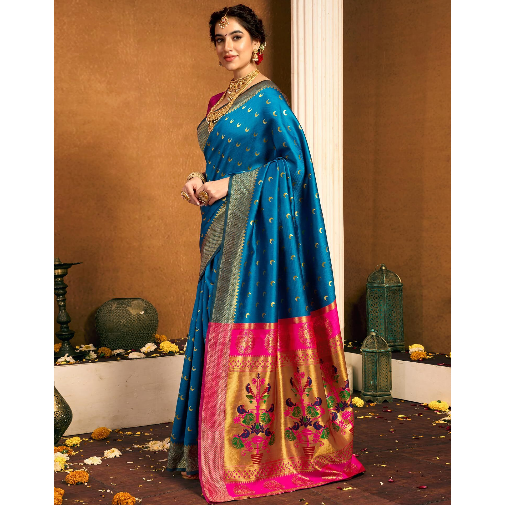 Siril Women's Paithani Silk Saree | Chandrakor Paithani Saree With Unstitched Blouse Piece (4047S6315_Light Blue)