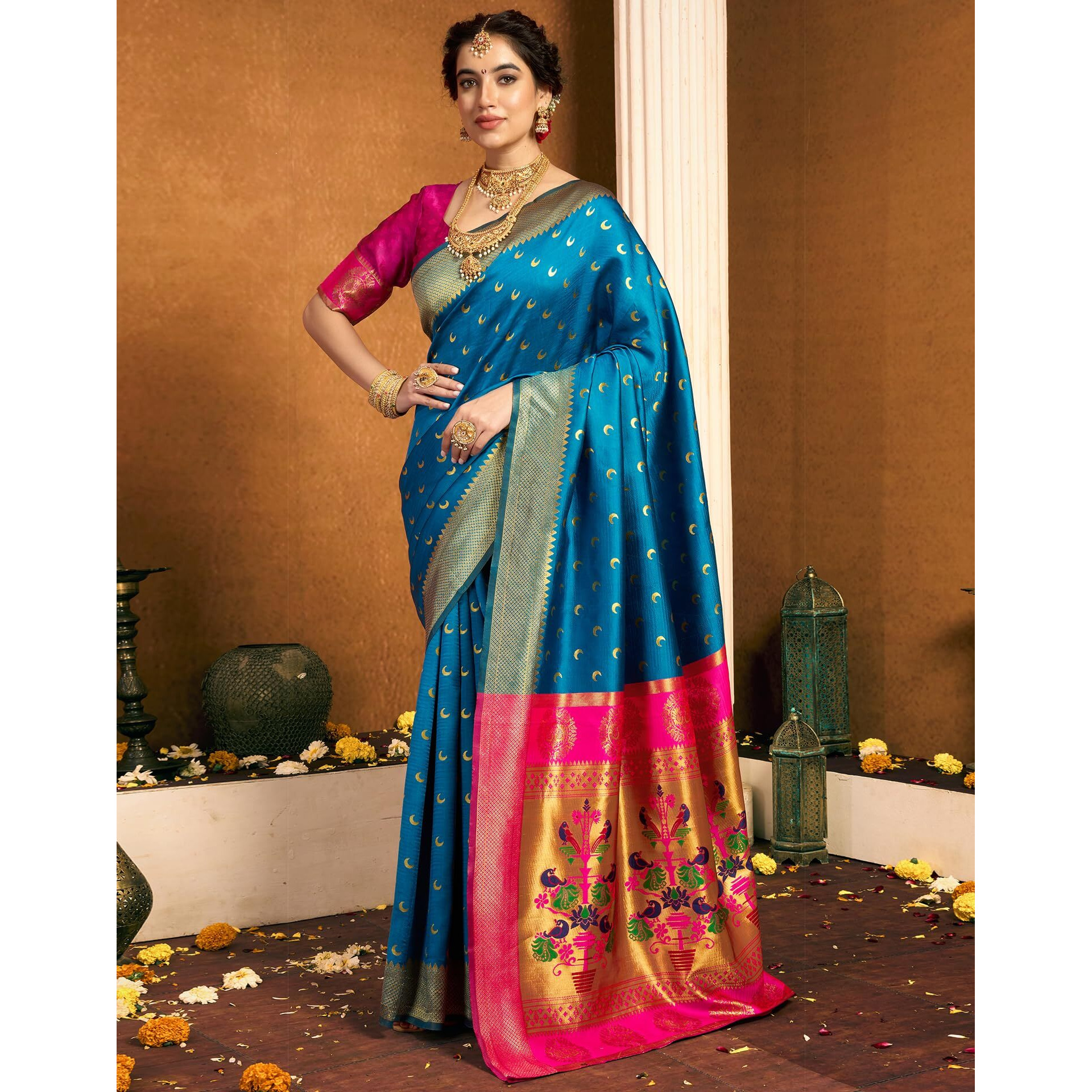 Siril Women's Paithani Silk Saree | Chandrakor Paithani Saree With Unstitched Blouse Piece (4047S6315_Light Blue)