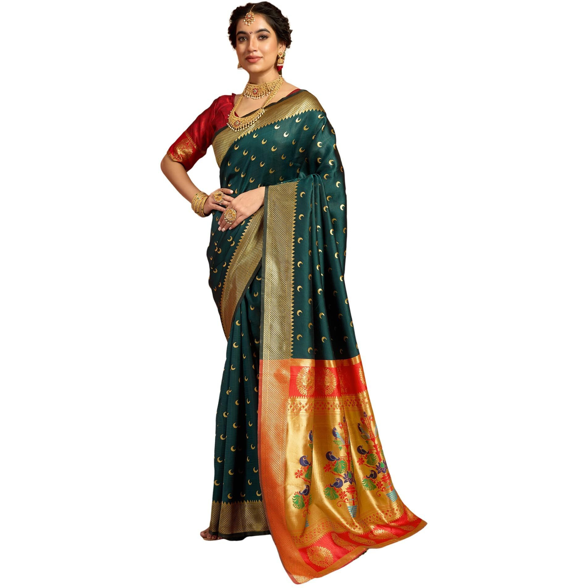 Siril Women's Paithani Silk Saree | Chandrakor Paithani Saree With Unstitched Blouse Piece (4047S6312_Dark Green)