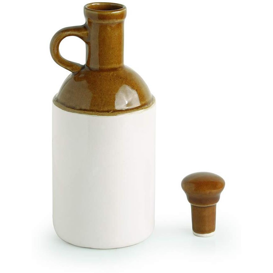 Exclusivelane 'Old Fashioned' Hand Glazed Studio Pottery Ceramic Oil Bottle (1000 Ml) - Cooking Oil Dispenser Containers Vinegar Oil Dropper Can Handled Nozzle Oil Pot Stoppers & Pourers