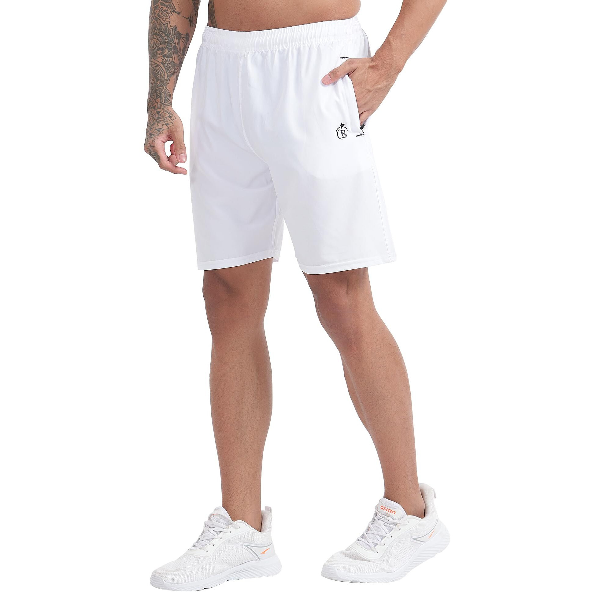 Blue Star Shark Athletic Sports Shorts For Men With Zip Pockets And Elastic Waistband Quick Dry Lightweight Activewear Combo - Pack Of 2 (Color White And White, SizeM)