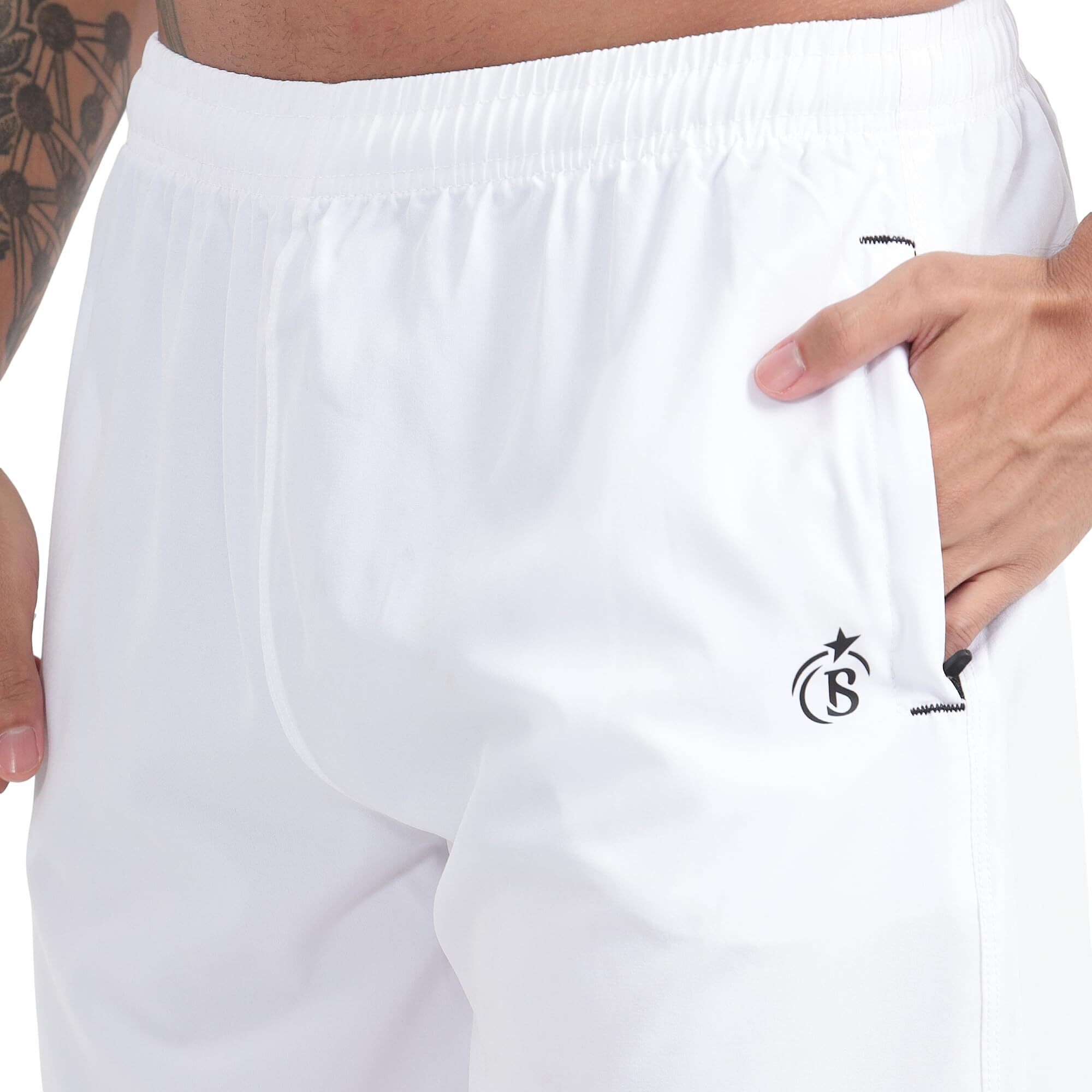 Blue Star Shark Athletic Sports Shorts For Men With Zip Pockets And Elastic Waistband Quick Dry Lightweight Activewear Combo - Pack Of 2 (Color White And White, SizeM)