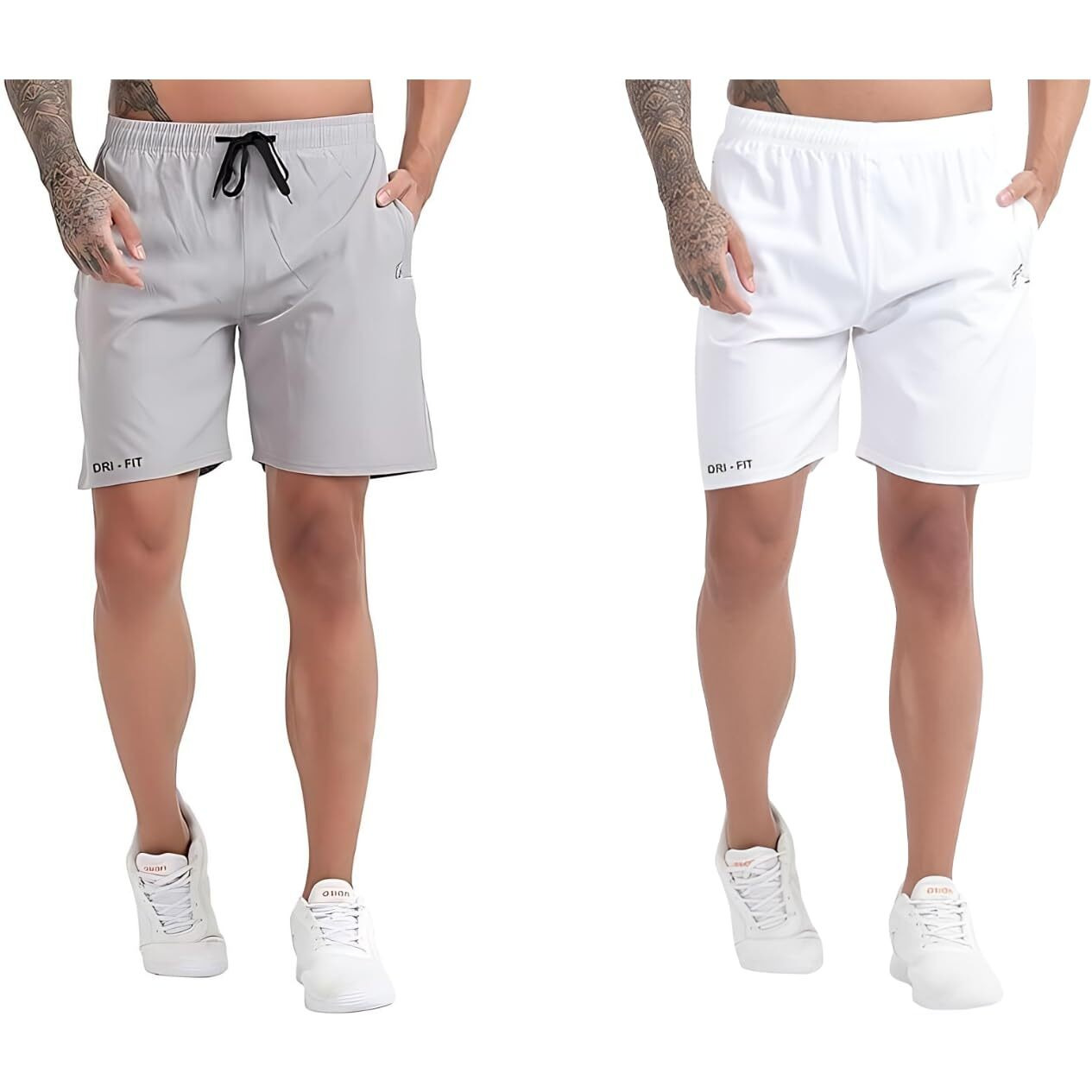 Blue Star Shark Athletic Sports Shorts For Men With Zip Pockets And Elastic Waistband Quick Dry Lightweight Activewear Combo - Pack Of 2 (Color Grey And White, SizeL)