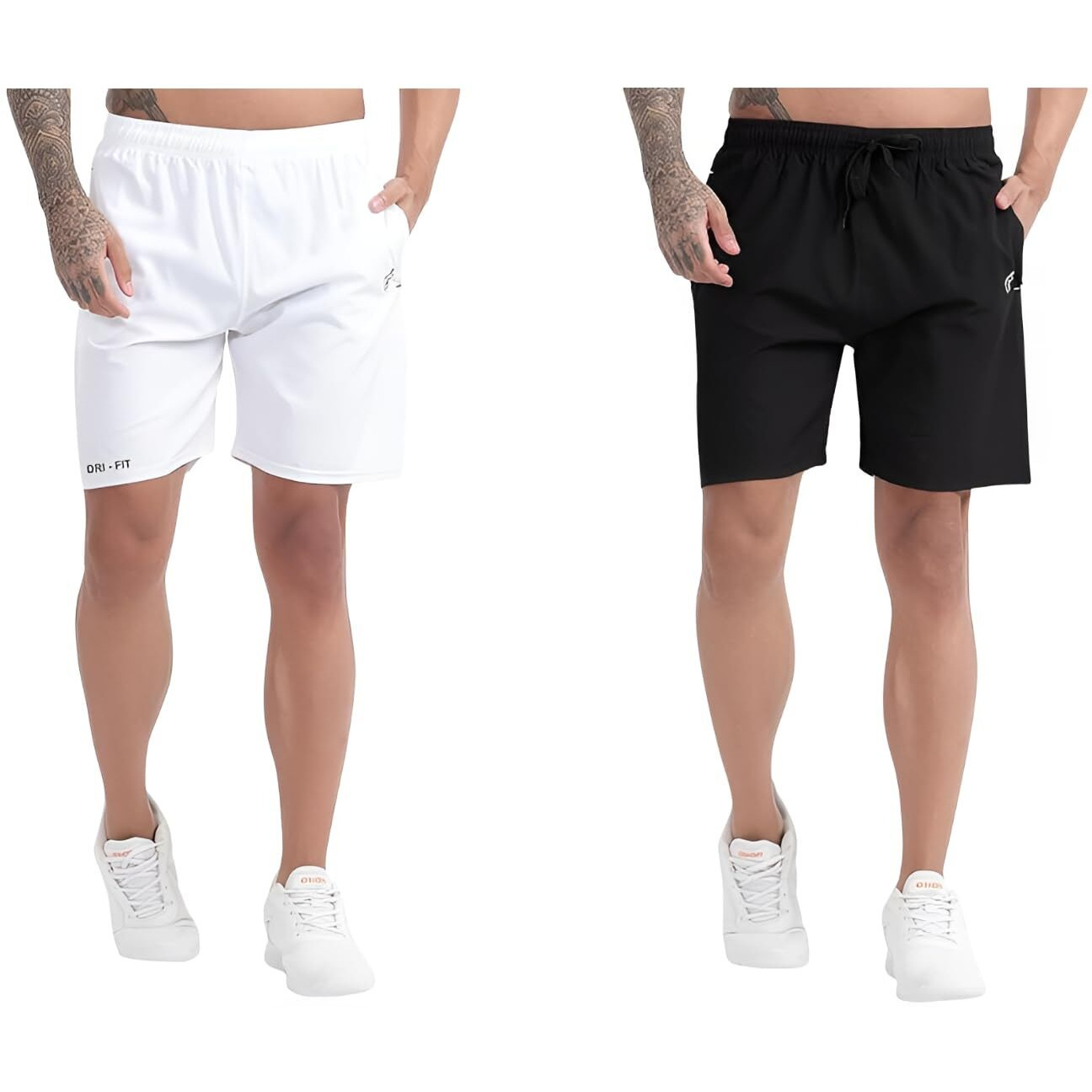 Blue Star Shark Athletic Sports Shorts For Men With Zip Pockets And Elastic Waistband Quick Dry Lightweight Activewear Combo - Pack Of 2 (Color White And Black, SizeM)