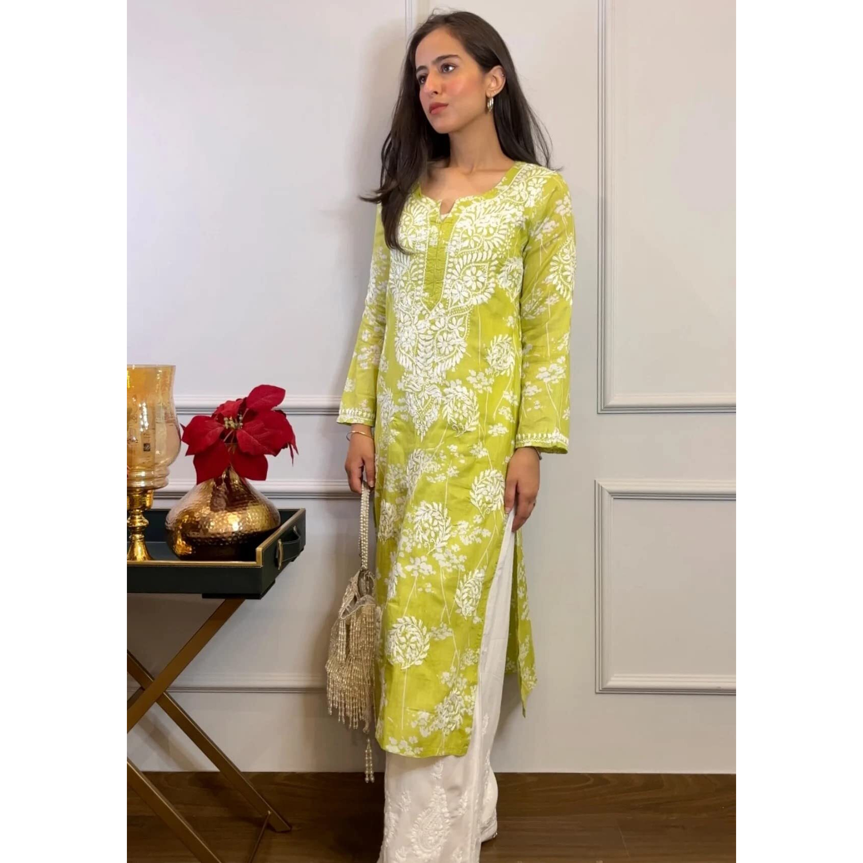 Gosriki Women's Cotton Blend Straight Chikankari Embroidered Kurta (Zainab-Green-Gs_3Xl_Green_Xxx-Large)