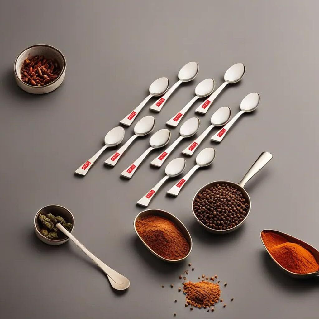 Hazel Stainless Steel Masala Spoons For Small Containers Mini Spoon For Masala Dabba Spices Spoons, Set Of 12, 8.8 Centimeters