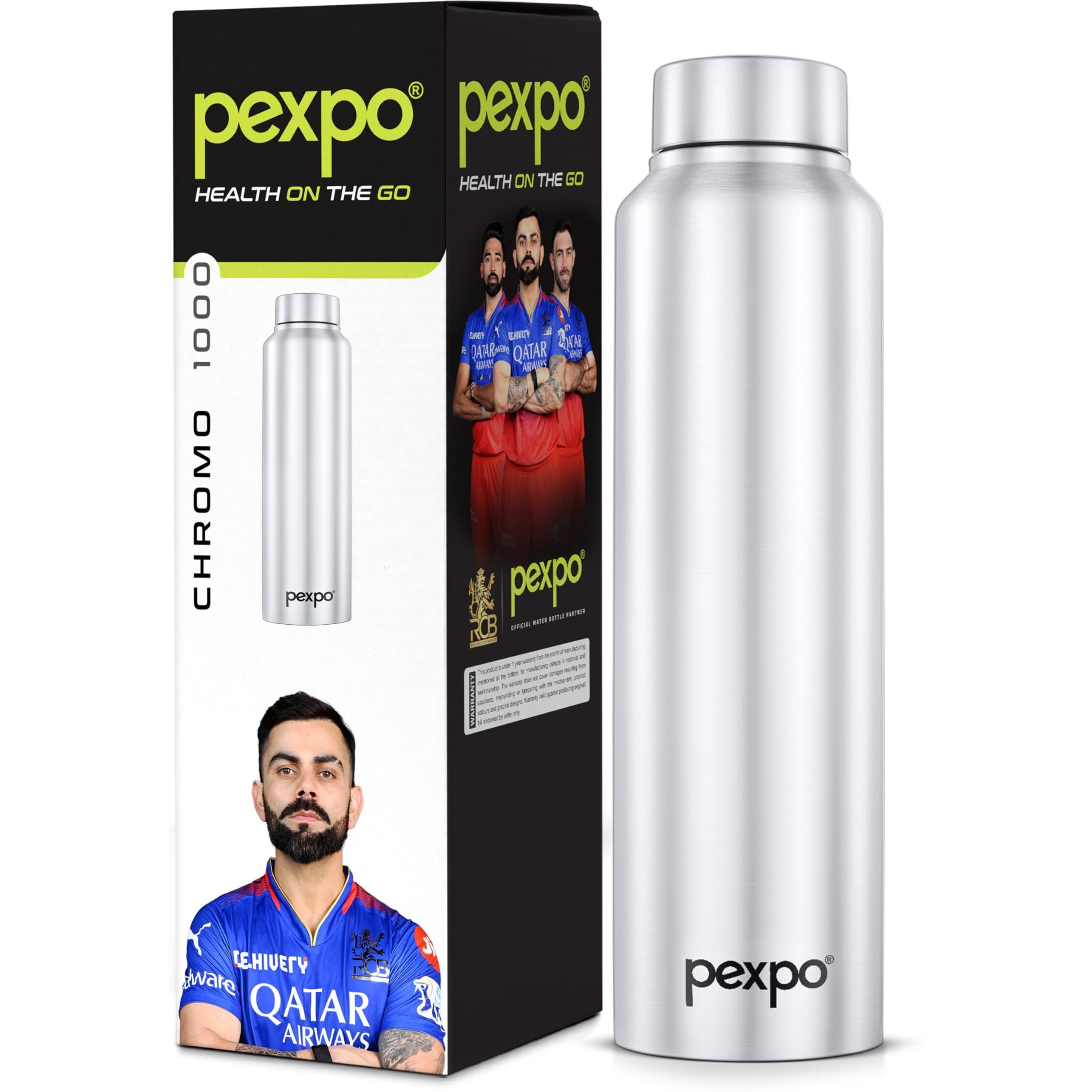 Pexpo Chromo Pro Stainless Steel Sports/Fridge Water Bottle 1 Litre, Silver | Eco Friendly | Bpa Free | Water Bottle For Office, Gym, School, Yoga, Trekking, Men, Women And Kids| Rcb Edition