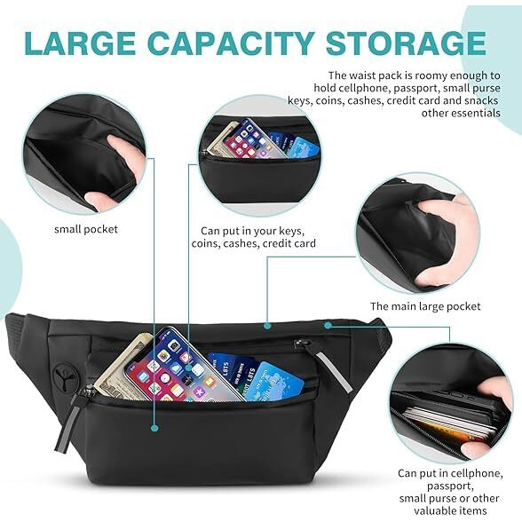 Handcuffs Bags For Men & Women| Waist Bag | Money Bag | Pouch | Fanny Pack | Travel | Side Bags | Headphone Hole | Adjustable Strap | Hiking | Camping | Running | Sports | Outdoor (Black)