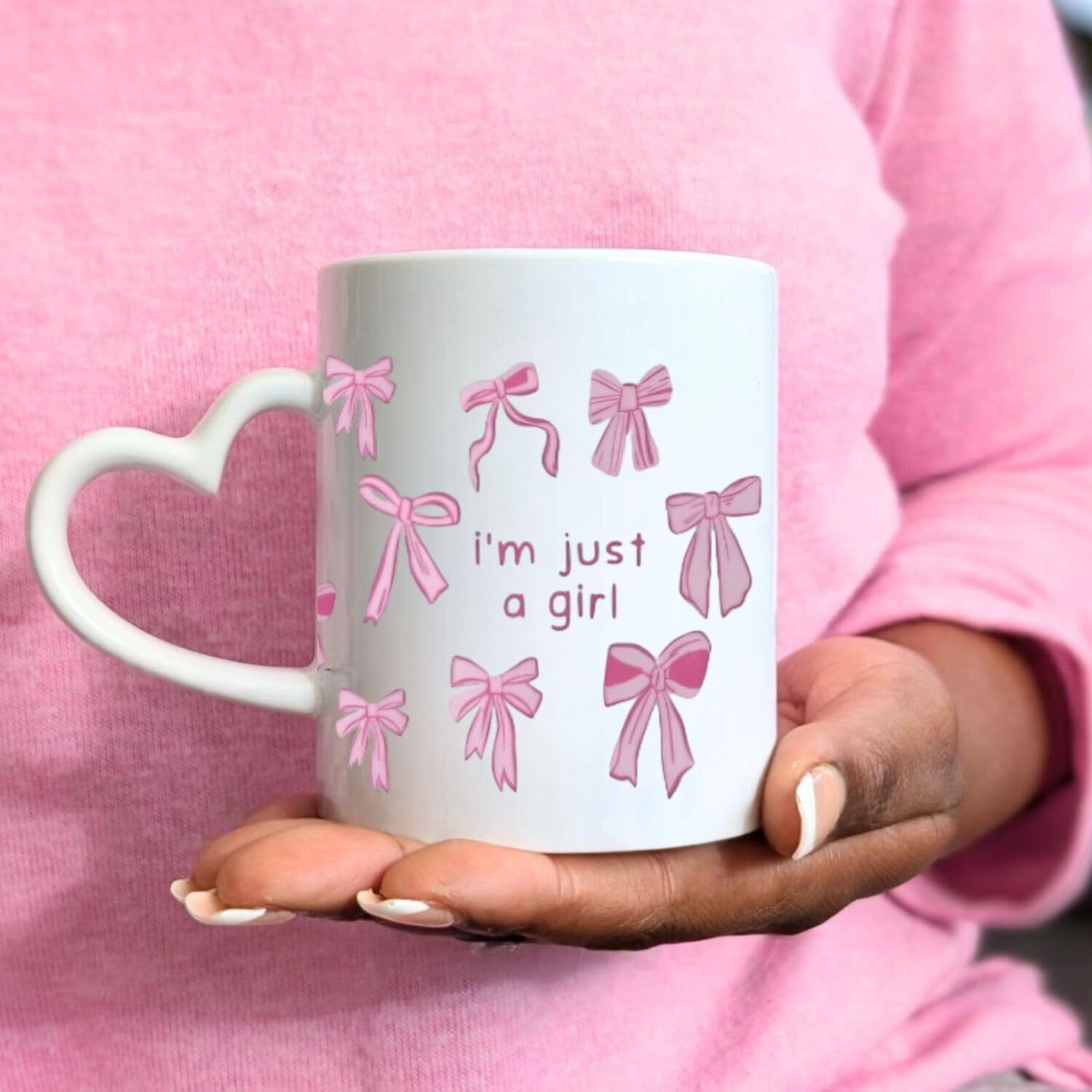 Funkyfinds Preppy Mug Pink Bows Aesthetic Coffee Cup With Heart Handle, Gift For Women, Girls, Or Teens, Tea, Latte, Or Office Desk Decor I Am Just A Girl Printed Coffee Mug (Pack Of 1)