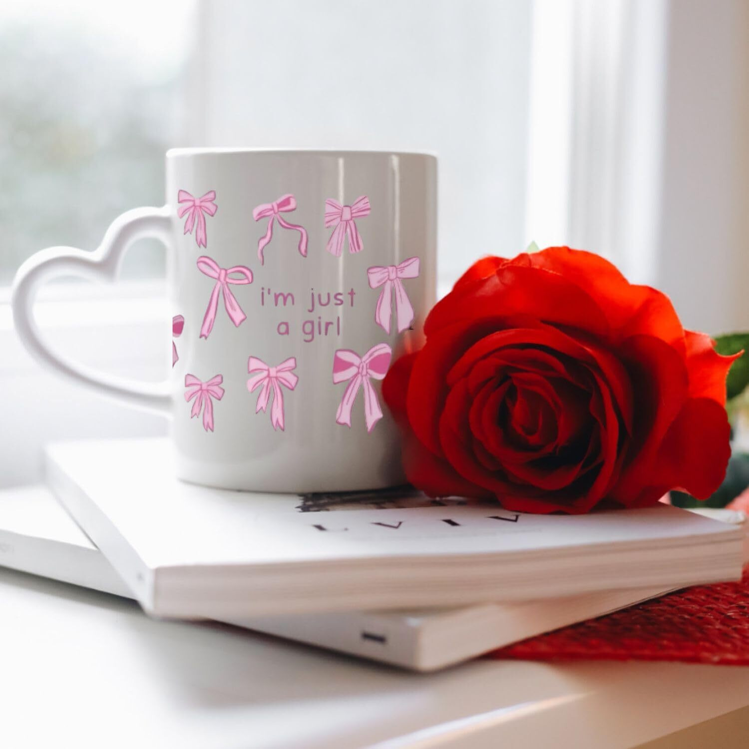 Funkyfinds Preppy Mug Pink Bows Aesthetic Coffee Cup With Heart Handle, Gift For Women, Girls, Or Teens, Tea, Latte, Or Office Desk Decor I Am Just A Girl Printed Coffee Mug (Pack Of 1)