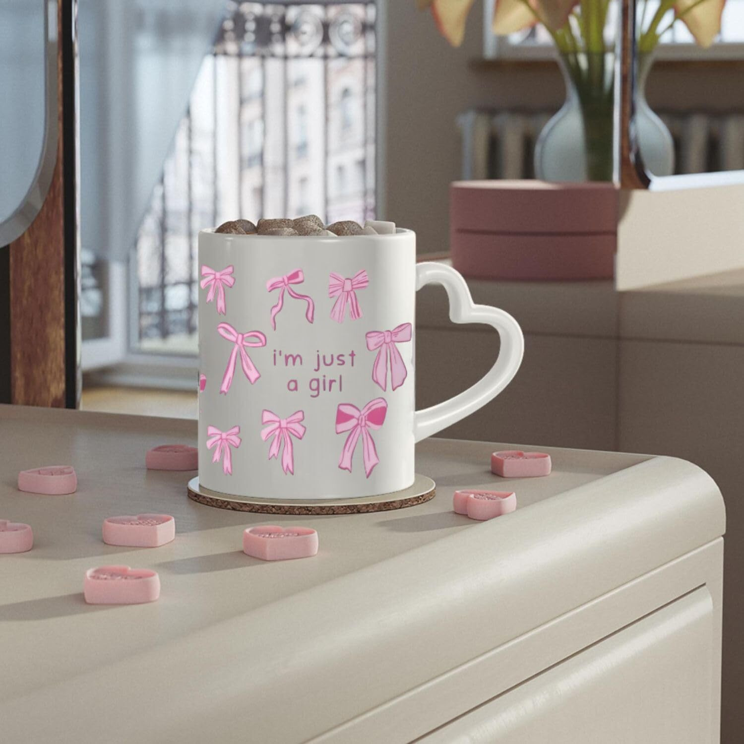 Funkyfinds Preppy Mug Pink Bows Aesthetic Coffee Cup With Heart Handle, Gift For Women, Girls, Or Teens, Tea, Latte, Or Office Desk Decor I Am Just A Girl Printed Coffee Mug (Pack Of 1)