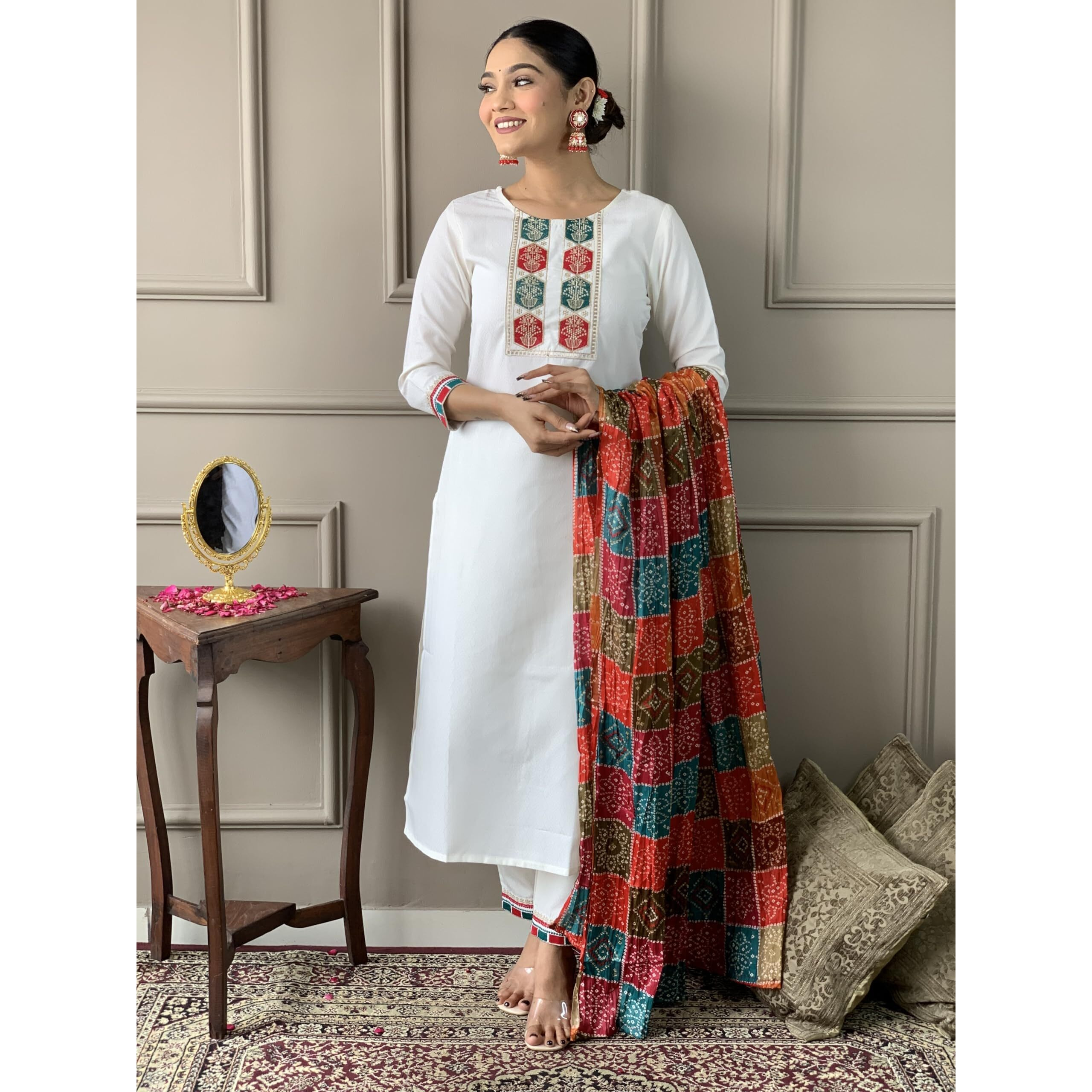 Naixa Women's Off White Viscose Embroidered Straight Kurta With Viscose Pant And Silk Blend Printed Dupatta Sets (Nx-488-Offwhite-Xxl)