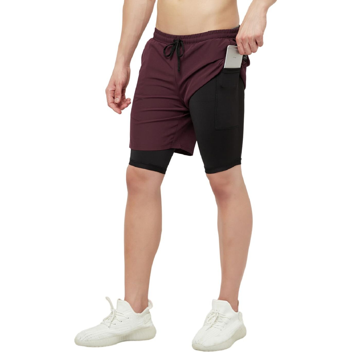 Truerevo MenS 2 In 1 Running Shorts With Phone Pocket | Lightweight Quick-Dry Running Shorts | Double Layer | Athletic | Running, Training, Cricket, & Sports Maroon Black