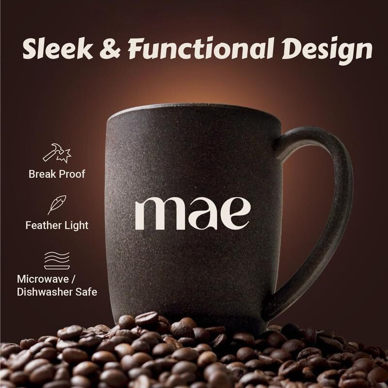 Mae Coffee Mug With Lid | 370 Ml | Crafted From Used Coffee Grounds | Eco Friendly & Sustainable Cup | Insulated | Microwave Safe | Travel Friendly | Spill Proof | Office | Home | Gift | Mug | 2 Pc