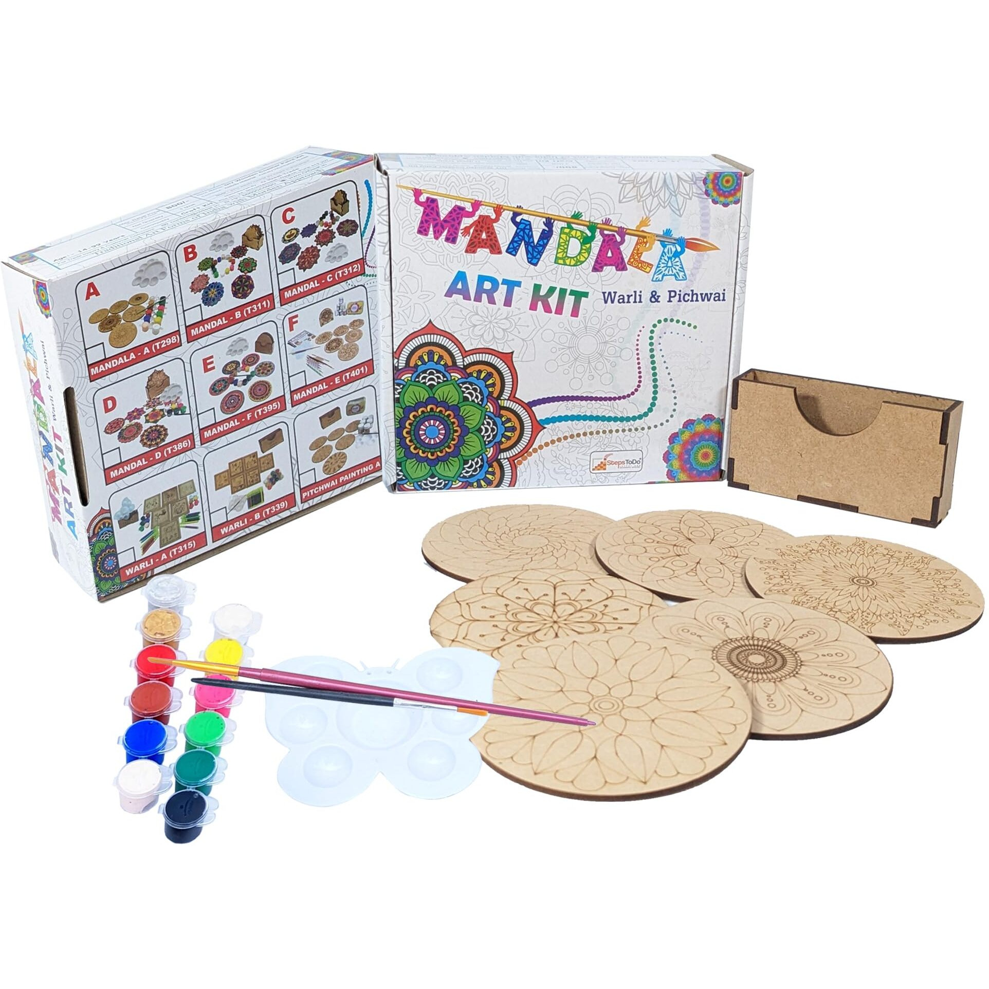 Stepstodo Wooden Mandalas Paint Kit A. Tea Coaster Set. Mandal Art. Set Of 6 Of Wooden Base Of 4 Inch. With Wooden Case, Colours, Painting Brush And Dish