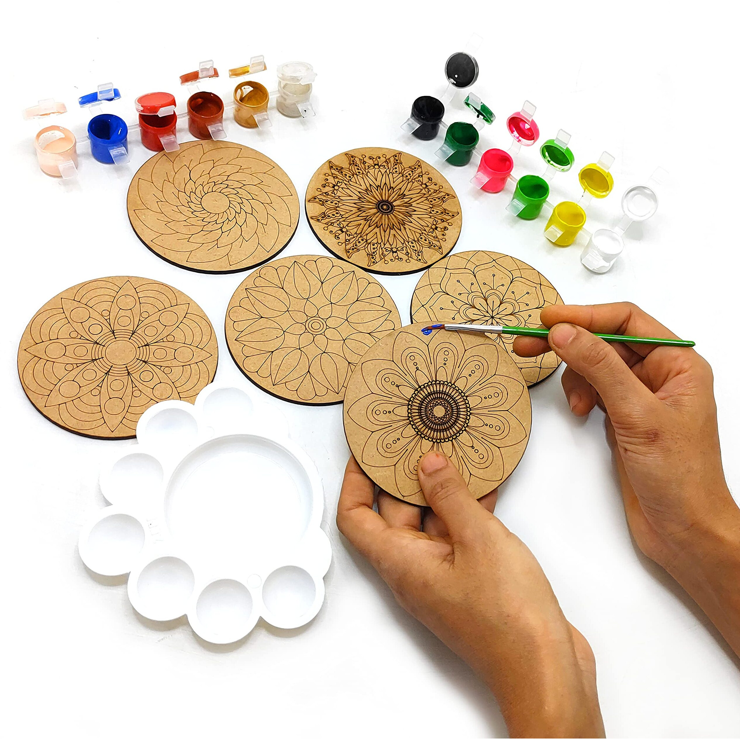 Stepstodo Wooden Mandalas Paint Kit A. Tea Coaster Set. Mandal Art. Set Of 6 Of Wooden Base Of 4 Inch. With Wooden Case, Colours, Painting Brush And Dish