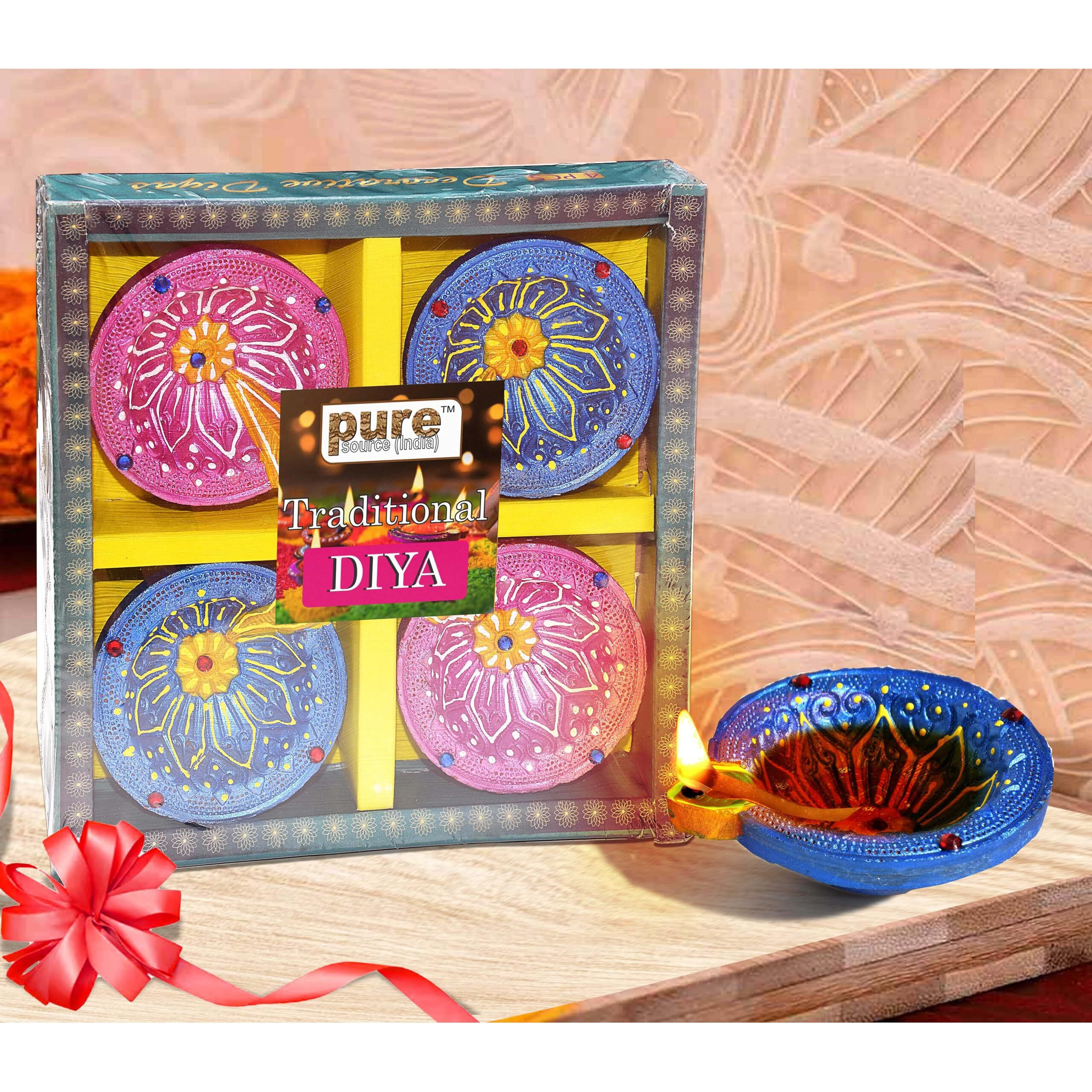 Pure Source India Decorative Terracotta Handmade Design Diya Suitable For Diwali, Festive Occasion, Pooja/Mandir/Temple (3 X 3.5 X 1 Inch) (Multicolour) (24 Pcs)