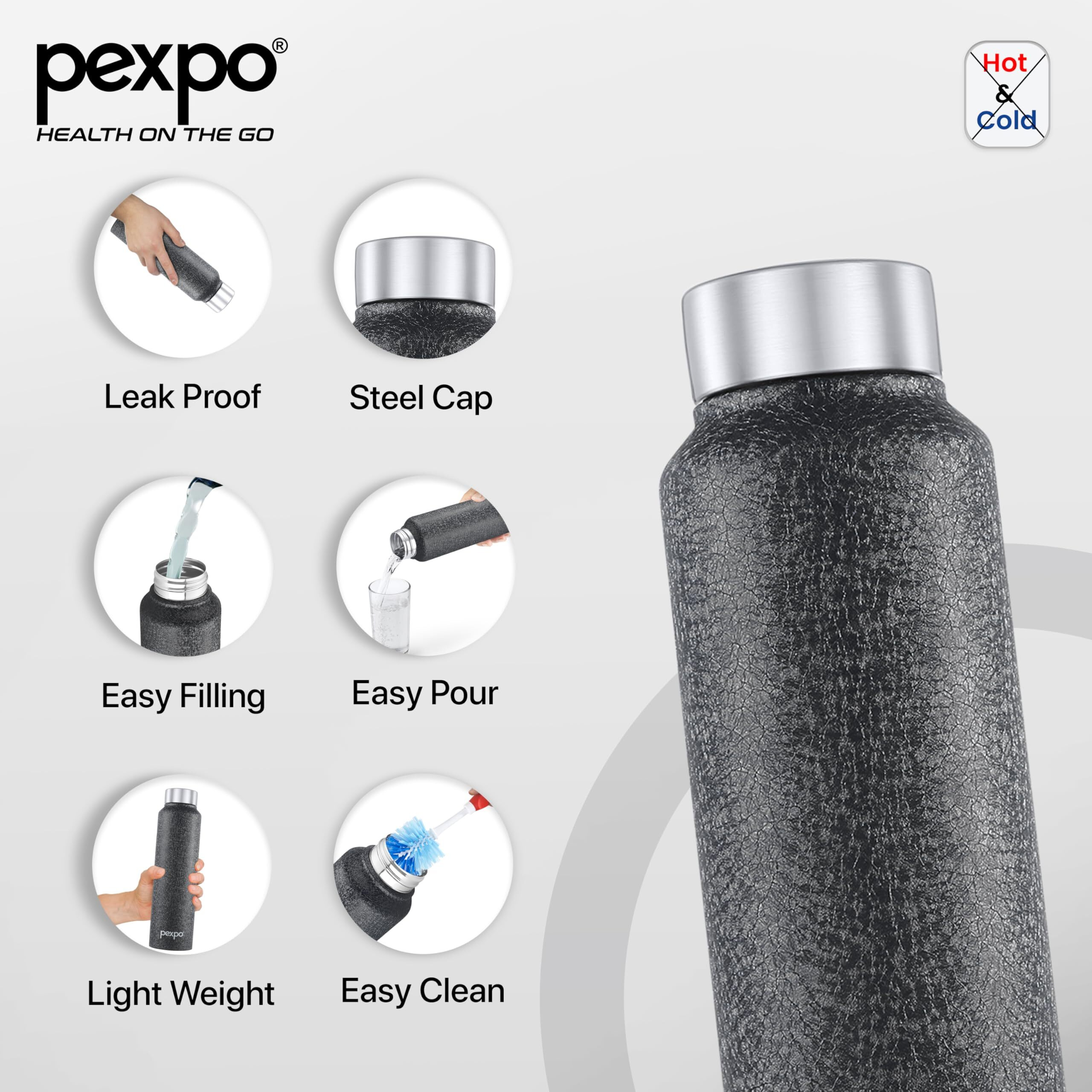 Pexpo Chromo Stainless Steel Sports/Fridge Water Bottle 750Ml, Black | Eco Friendly | Bpa Free | Water Bottle For Office, Gym, School, Yoga, Trekking, Men, Women And Kids