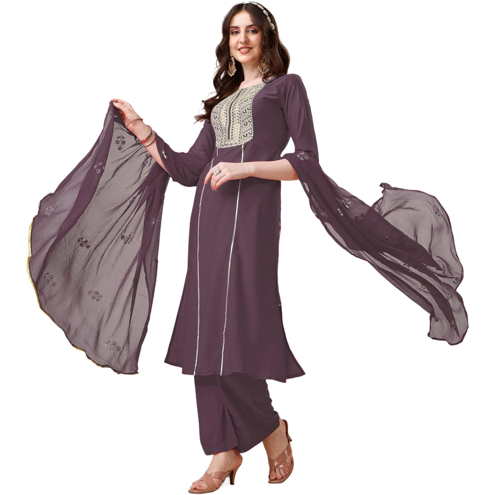 Ethnicjunction Women's Cotton Silk Eid Special Embroidered Kurta Palazzo And Dupatta Set | Eid Outfits For Women Lavendar