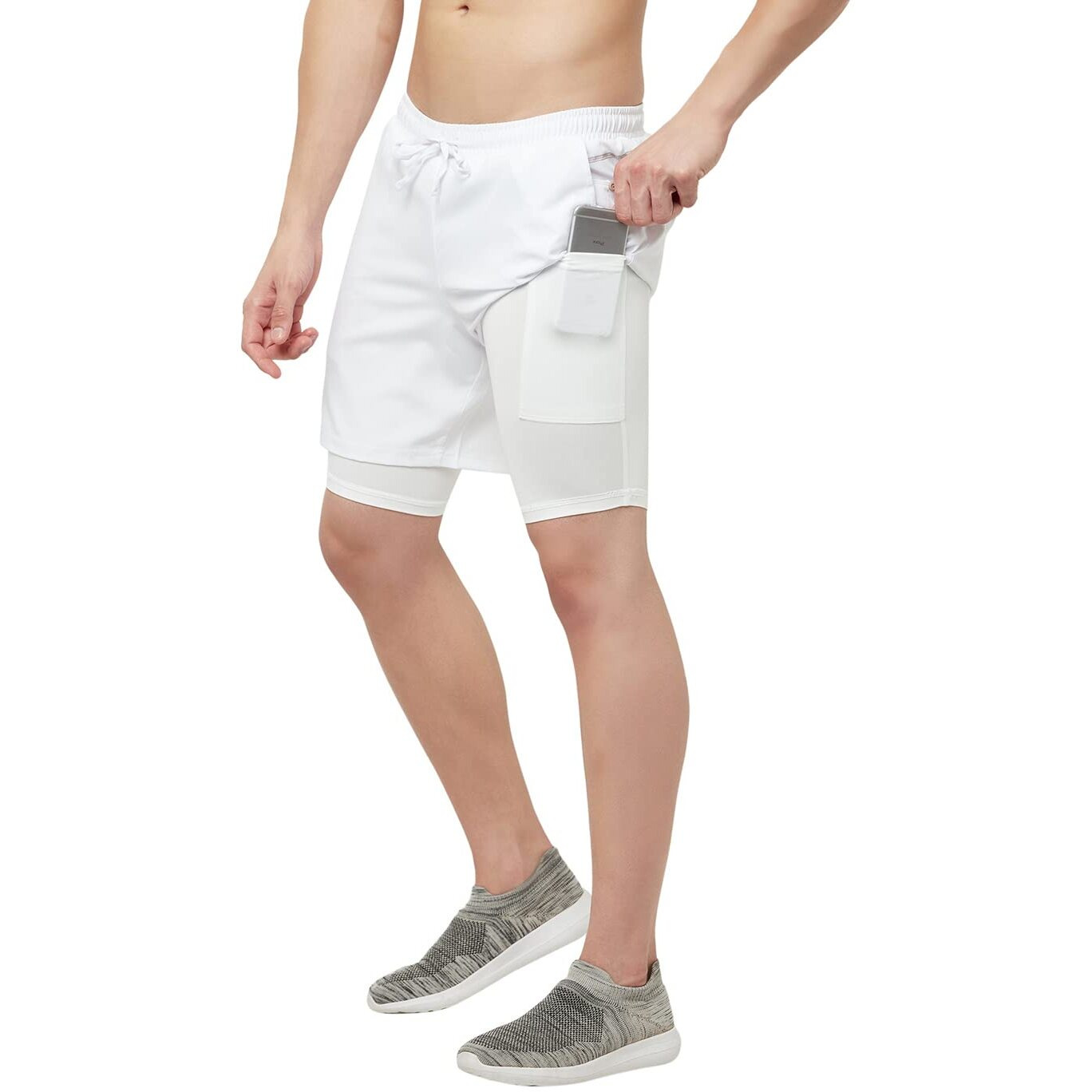 Truerevo 2 In 1 Running Sports Shorts For Men With Mobile Phone Pocket Light Weight Quick Dry Fabric For Gym Athletic(161115Wht_L_White_L)