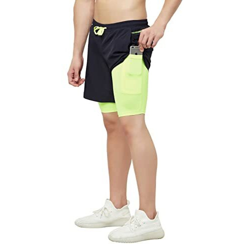 Truerevo 2 In 1 Running Sports Shorts For Men With Mobile Phone Pocket Light Weight Quick Dry Fabric For Gym Athletic(161115Drknvy_S_Blue_S)