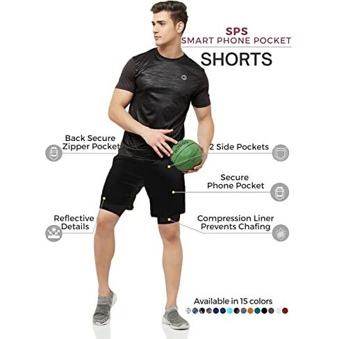 Truerevo 2 In 1 Running Sports Shorts For Men With Mobile Phone Pocket Light Weight Quick Dry Fabric For Gym Athletic(161115Q_Blkblk_S_Black_S)