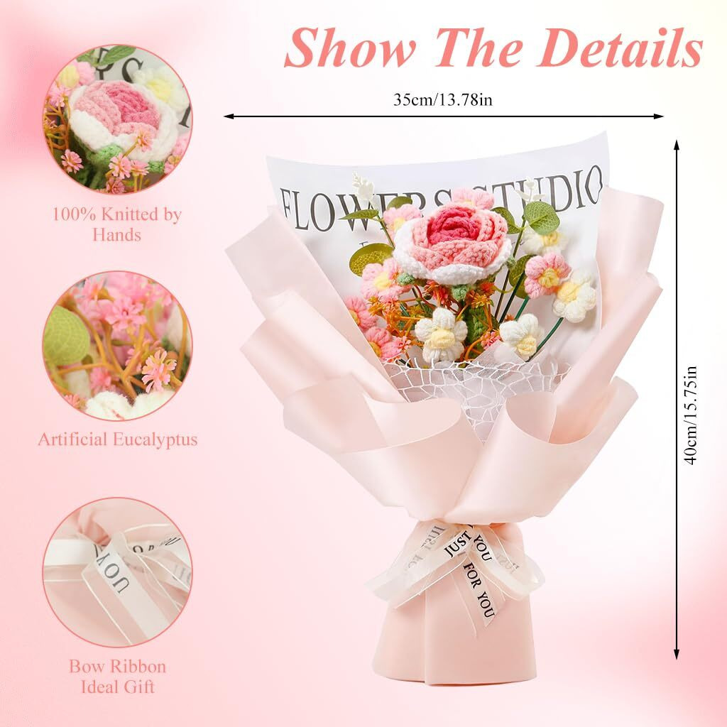 Hasthip Diy Handmade Crochet Flower Bouquet Gift With Light Pink Gift Wrapping Paper Lovely Color Crochet Flowers Bouquet Gift For Girls Home Decor Gift For Mother