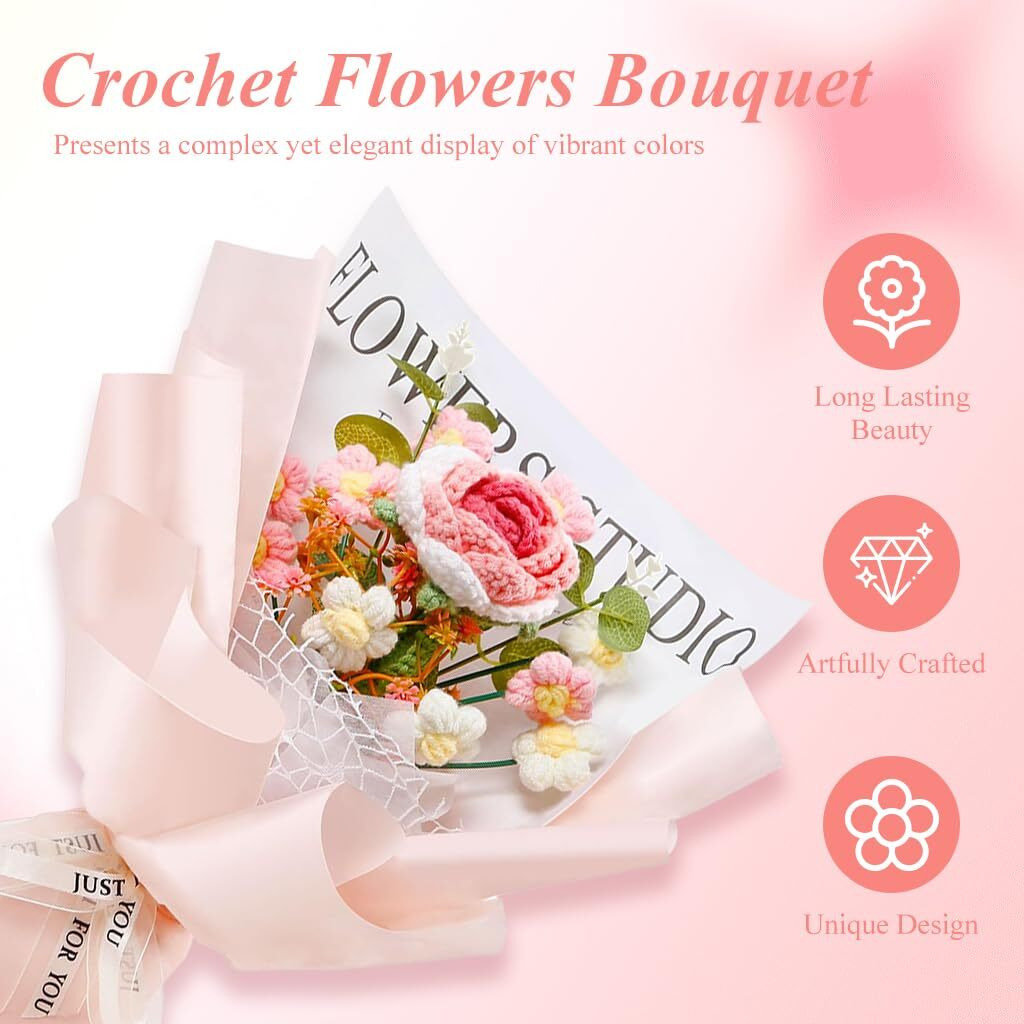 Hasthip Diy Handmade Crochet Flower Bouquet Gift With Light Pink Gift Wrapping Paper Lovely Color Crochet Flowers Bouquet Gift For Girls Home Decor Gift For Mother