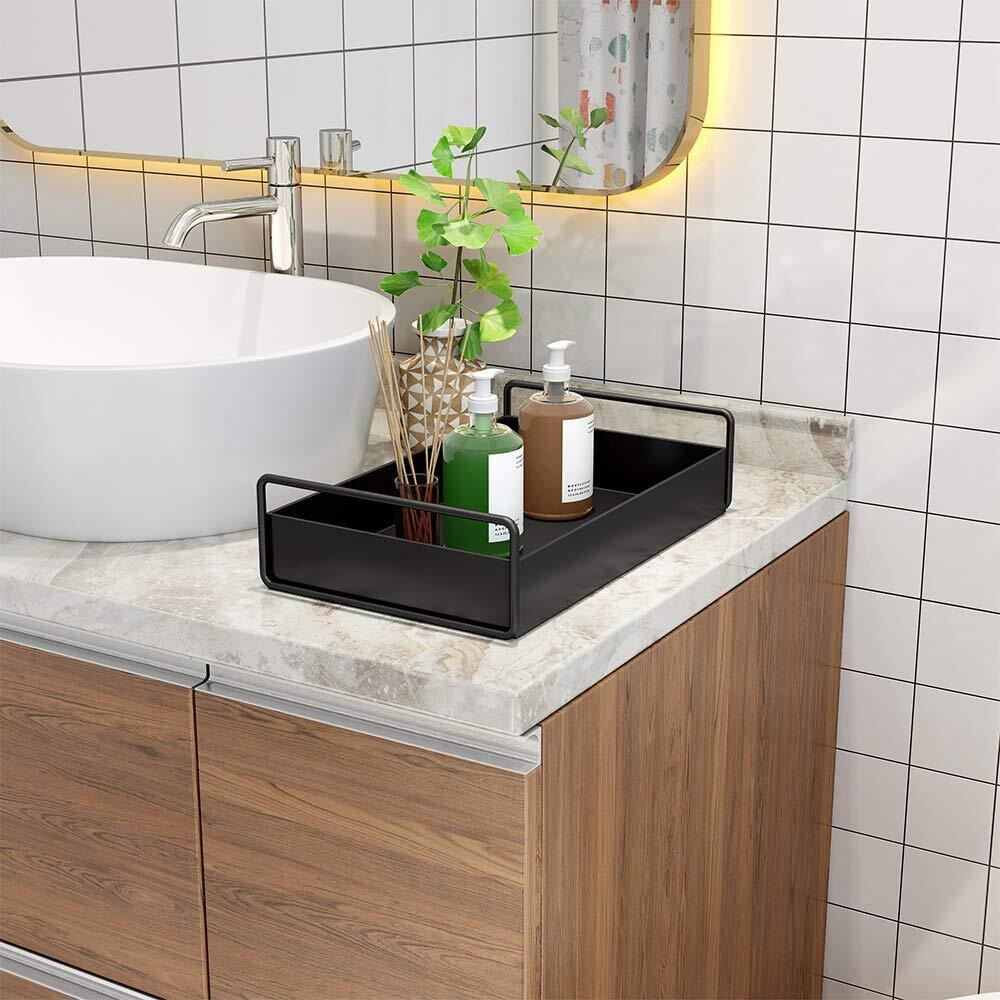 Rollyware Bathroom Vanity Tray, Kitchen/Bathroom Countertop Storage Shelf Organizer,Coffee Table Decorative Tray Cosmetic Organizer Display Holder, Black (2, Black Tray)