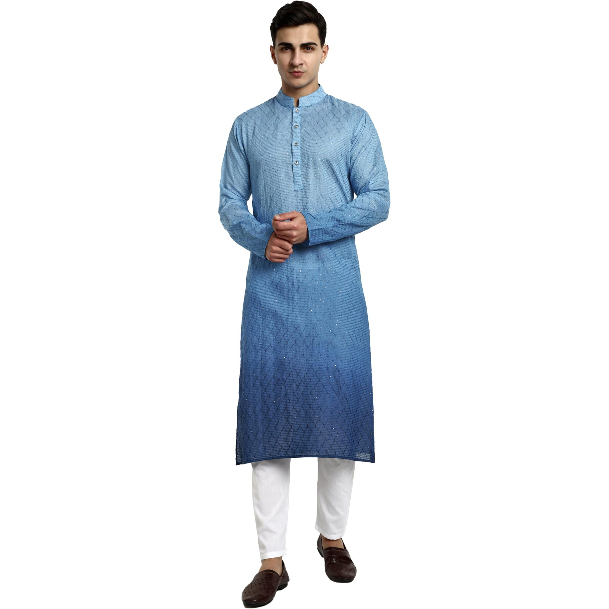 Vardha Men's Cotton Chikankari Embroidered And Sequence Full Sleeve Knee Length Casual Kurta For All Occations Like Wedding, Office & Events (Mk_34_M_Lk) Light Blue