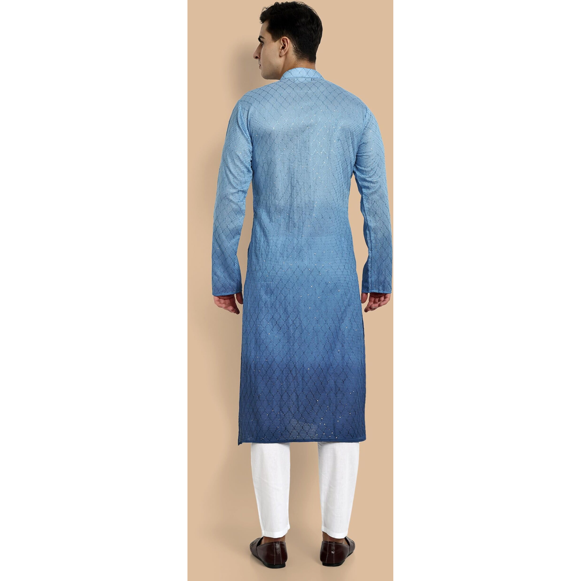Vardha Men's Cotton Chikankari Embroidered And Sequence Full Sleeve Knee Length Casual Kurta For All Occations Like Wedding, Office & Events (Mk_34_M_Lk) Light Blue