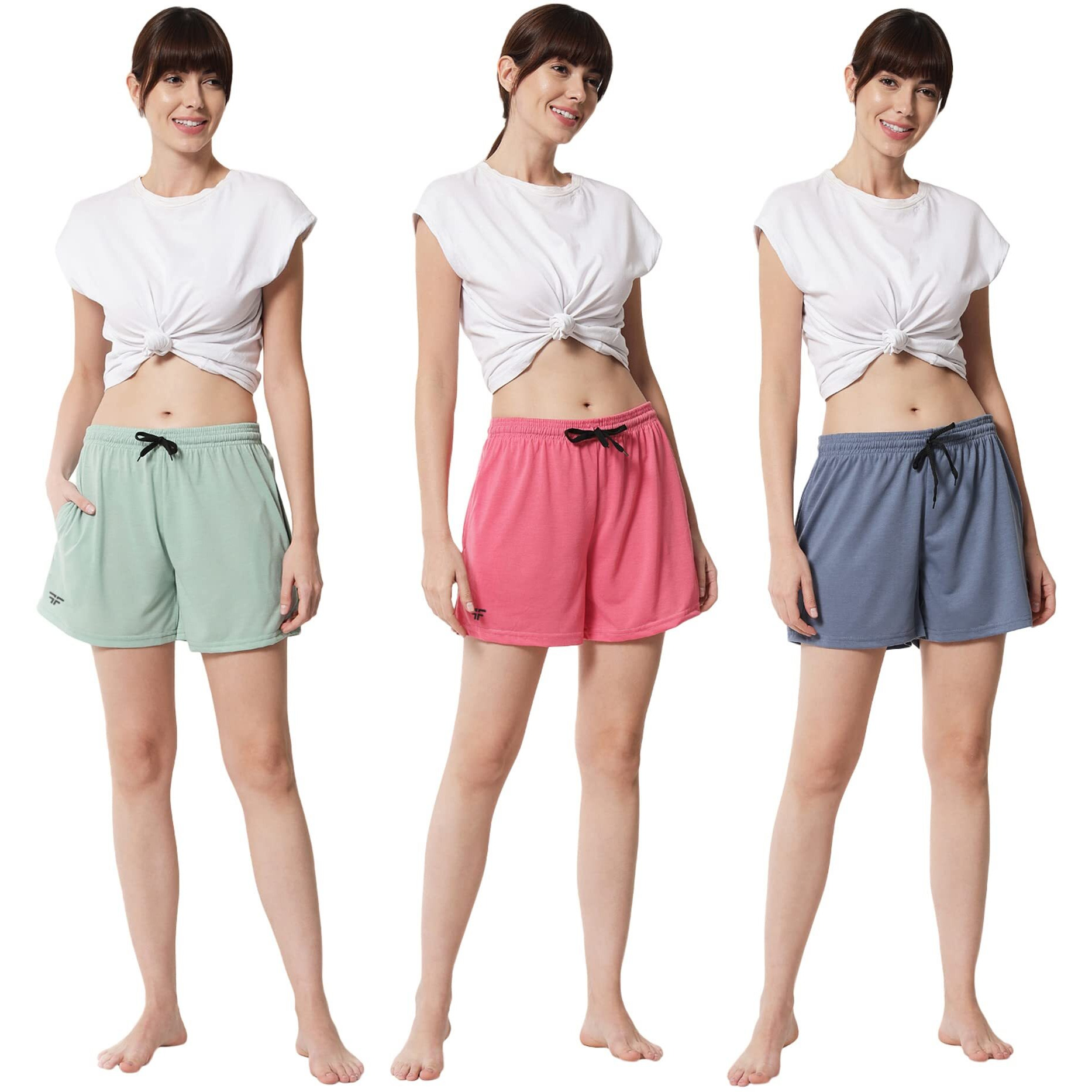 Fflirtygo Women's Shorts | Shorts For Women Short Pant For Women | Bluish Grey, Pista Green & Pink Shorts | Women Shorts Night Wear | Sports Shorts For Woman Combo (Pack Of 3)