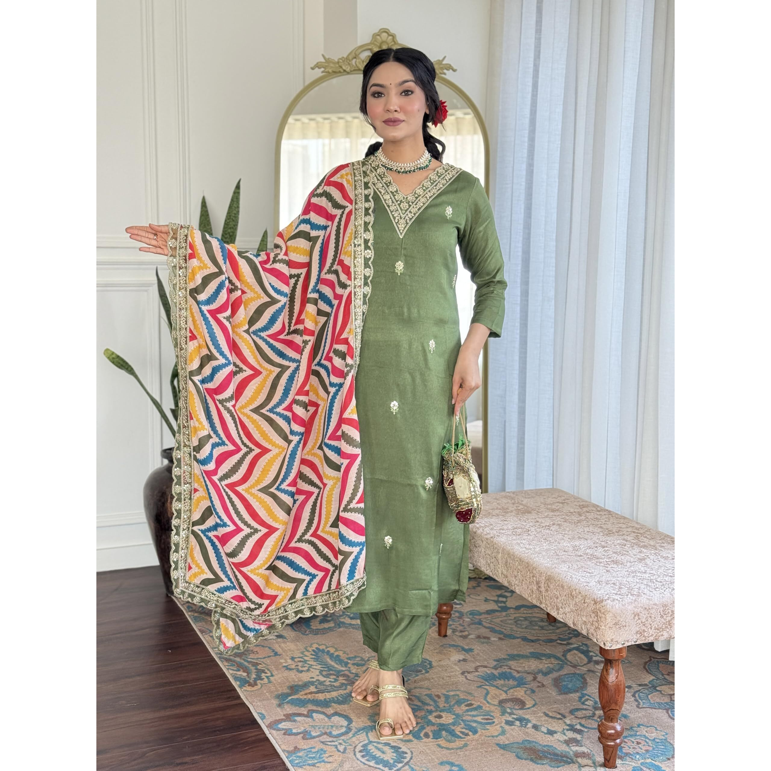 Naixa Women's Pista Viscose Embroidered Straight Kurta With Viscose Pant And Silk Blend Printed Dupatta Sets (Nx-467-Pista-S)