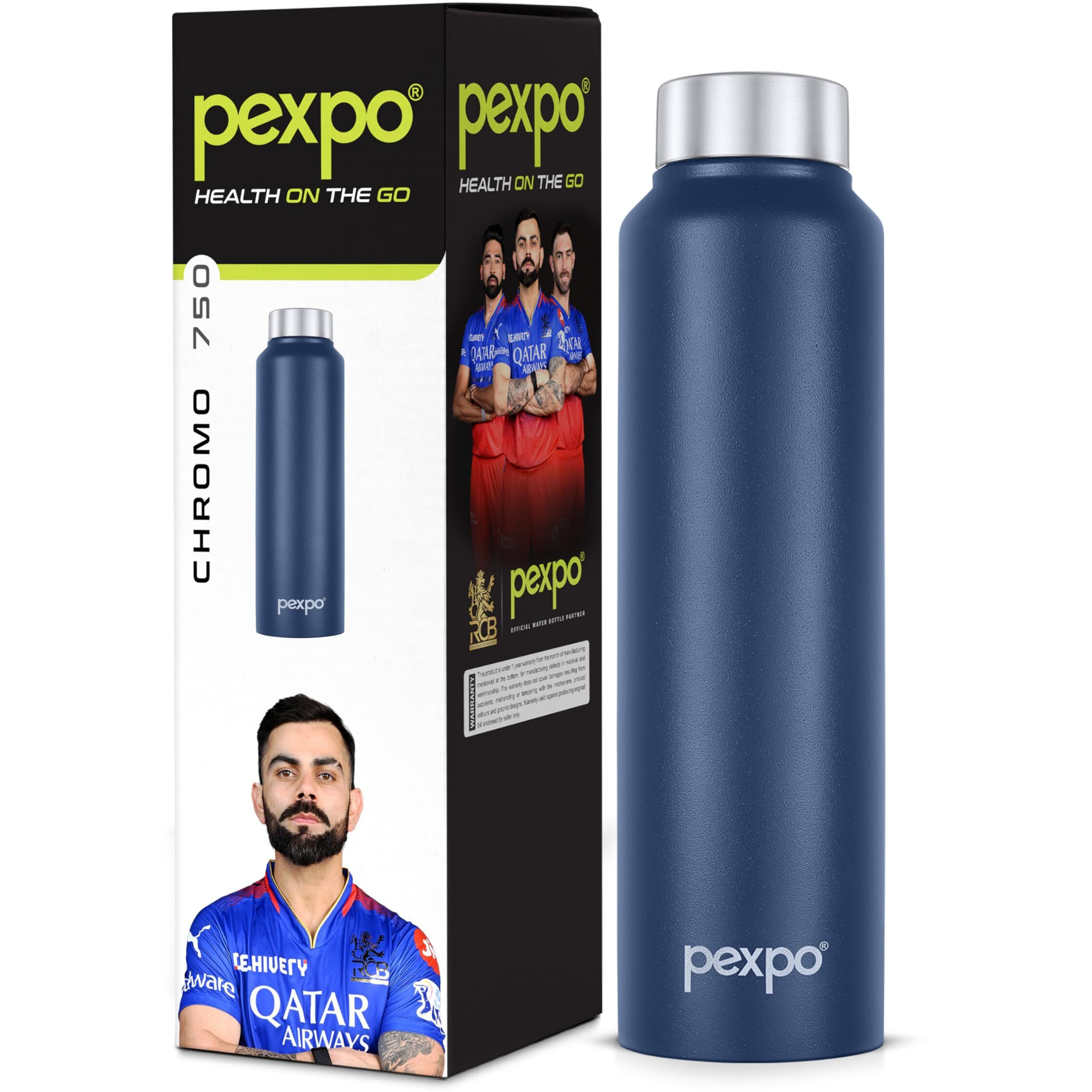 Pexpo Chromo Stainless Steel Sports/Fridge Water Bottle 750Ml, Denim Blue | Eco Friendly | Bpa Free | Water Bottle For Office, Gym, School, Yoga, Trekking, Men, Women And Kids