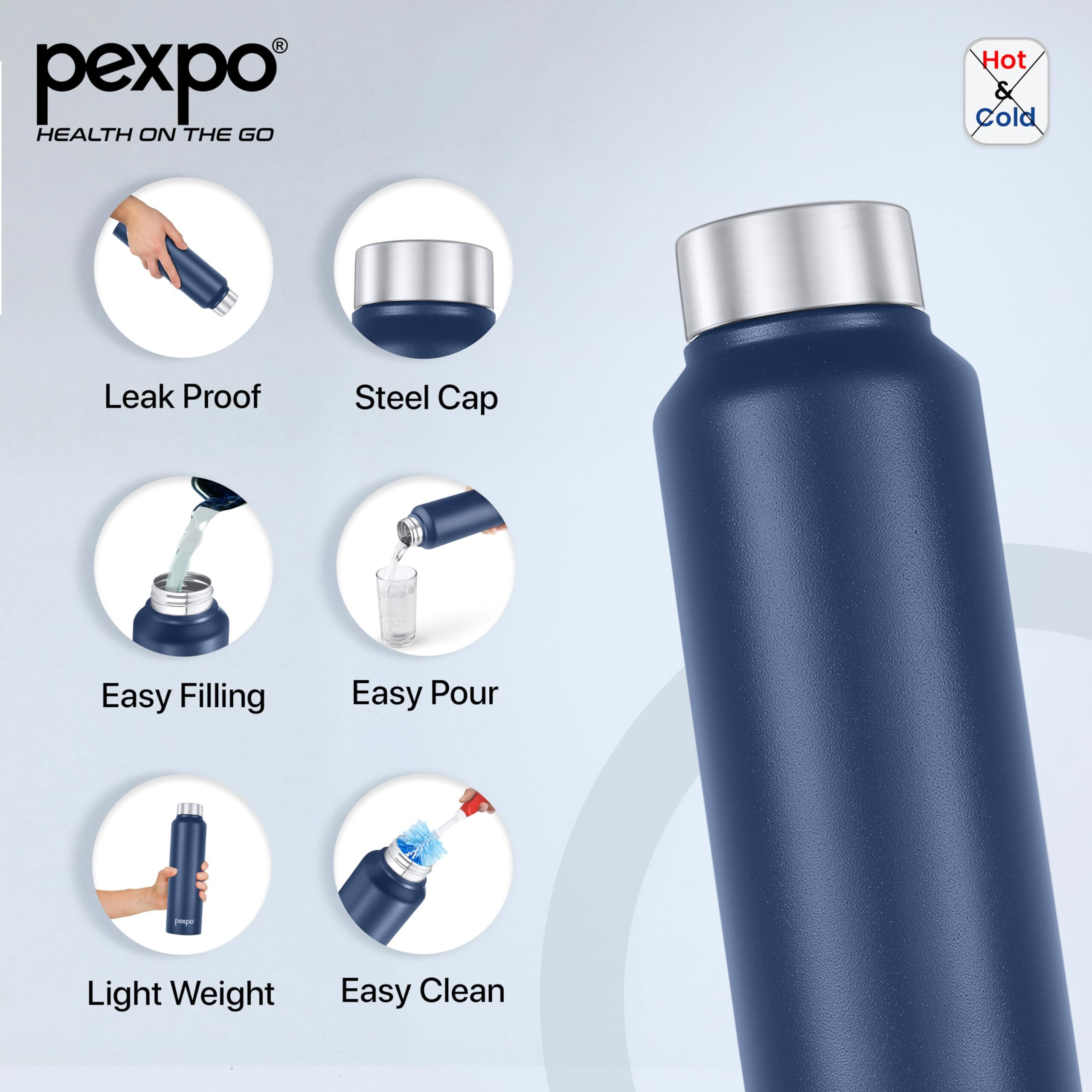 Pexpo Chromo Stainless Steel Sports/Fridge Water Bottle 750Ml, Denim Blue | Eco Friendly | Bpa Free | Water Bottle For Office, Gym, School, Yoga, Trekking, Men, Women And Kids