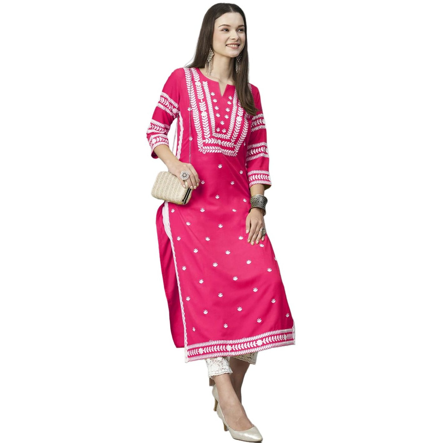 Gosriki Women's Cotton Blend Chikankari Embroidered Straight Kurta (Stho-Pink-Gs_S_Pink_Small)