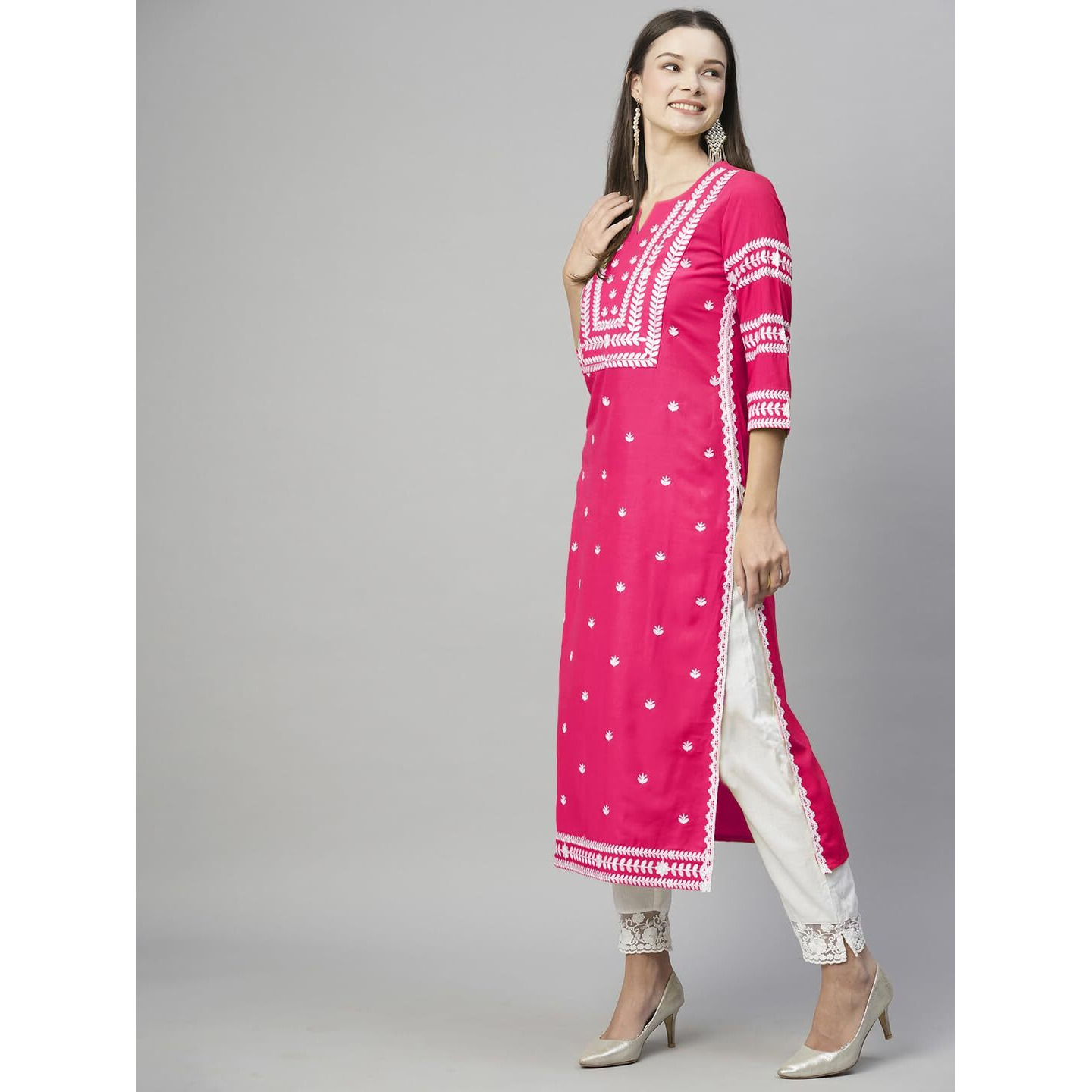 Gosriki Women's Cotton Blend Chikankari Embroidered Straight Kurta (Stho-Pink-Gs_S_Pink_Small)