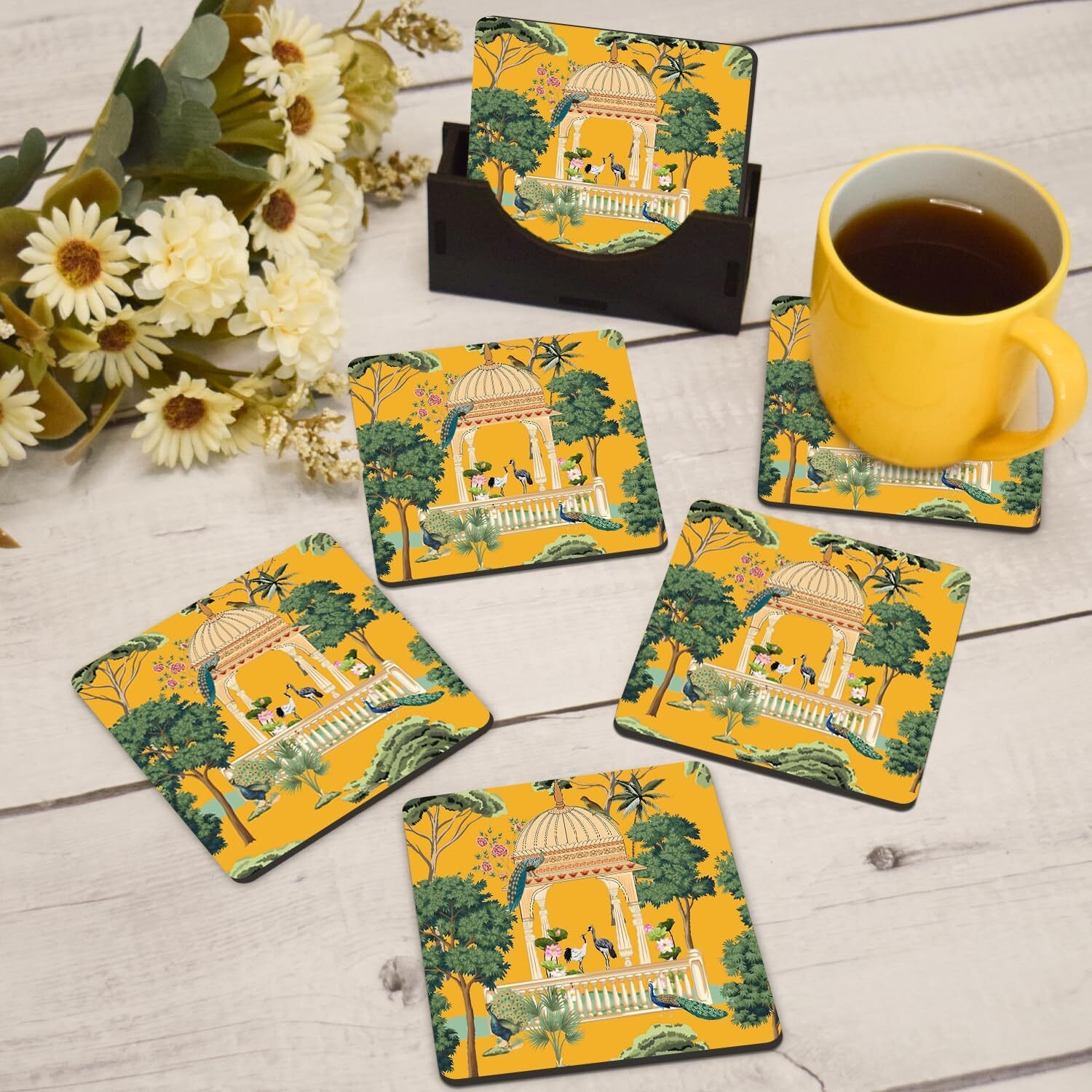 My Creative Hut Tea Coasters Set Of 6, Beautiful Design With Stand For Tea Cups, Coffee Mugs, And Glasses, Ideal For Diwali Gifting (Eden Garden)