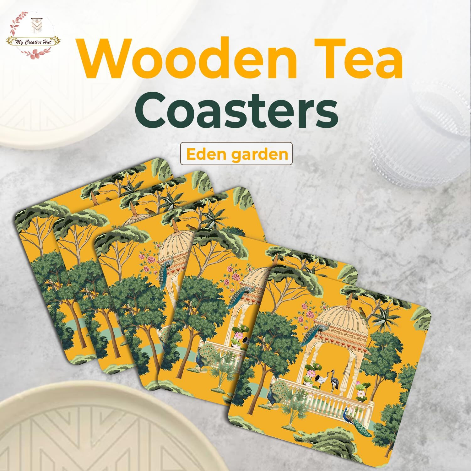My Creative Hut Tea Coasters Set Of 6, Beautiful Design With Stand For Tea Cups, Coffee Mugs, And Glasses, Ideal For Diwali Gifting (Eden Garden)