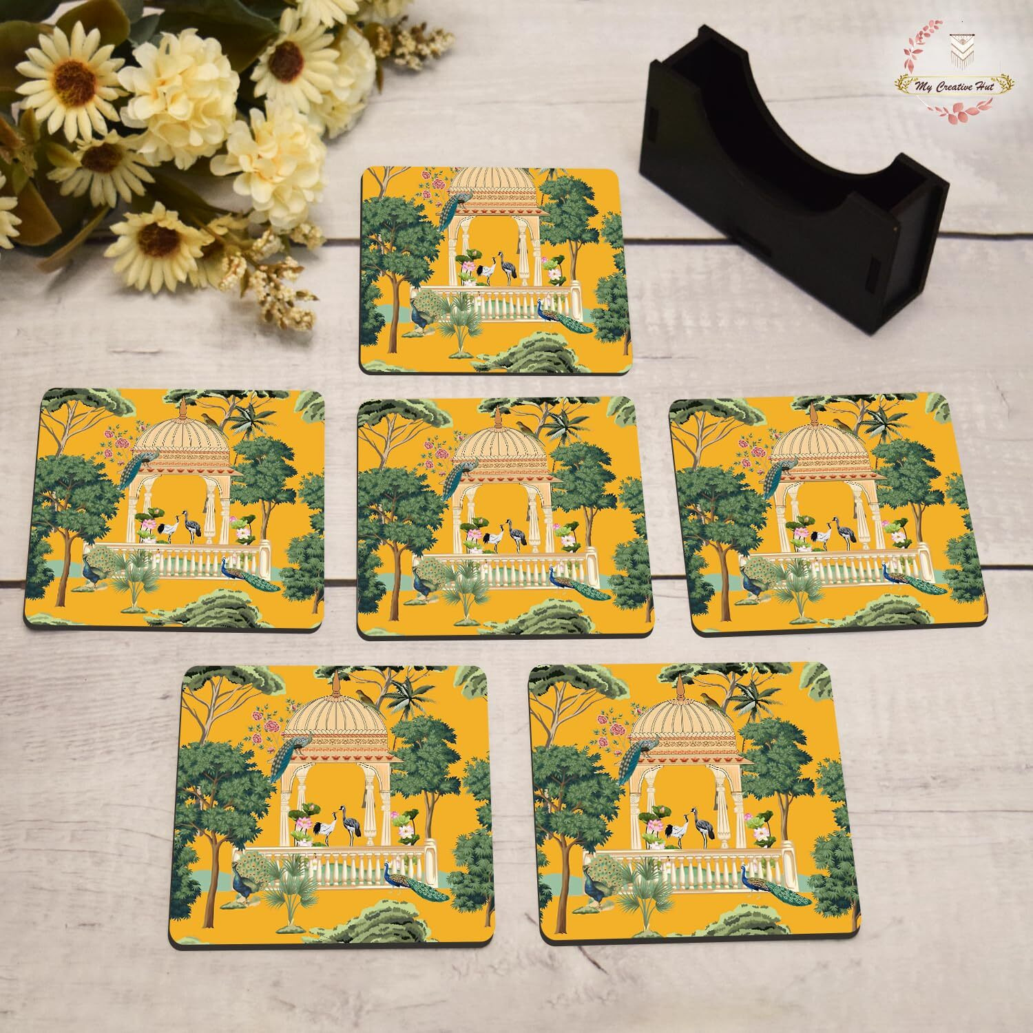 My Creative Hut Tea Coasters Set Of 6, Beautiful Design With Stand For Tea Cups, Coffee Mugs, And Glasses, Ideal For Diwali Gifting (Eden Garden)