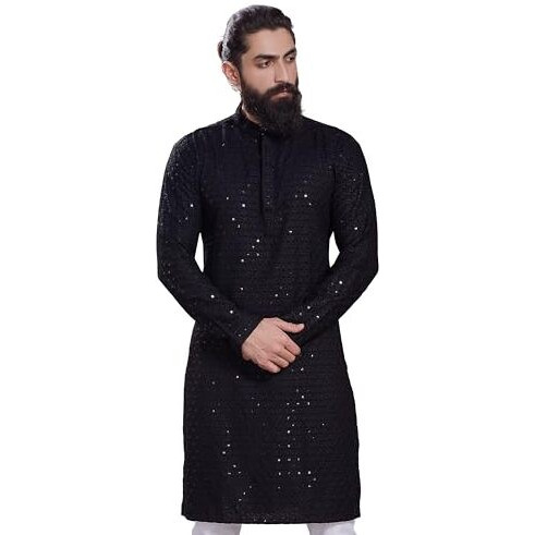 Divisive Men's Sequince Embroidered Cotton Blend Only Slim Fit Kurta (Dkrt224_Xxl_Black)