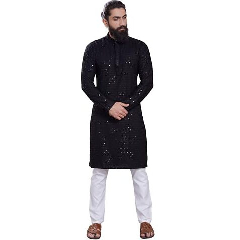 Divisive Men's Sequince Embroidered Cotton Blend Only Slim Fit Kurta (Dkrt224_Xxl_Black)