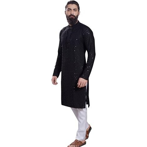 Divisive Men's Sequince Embroidered Cotton Blend Only Slim Fit Kurta (Dkrt224_Xxl_Black)