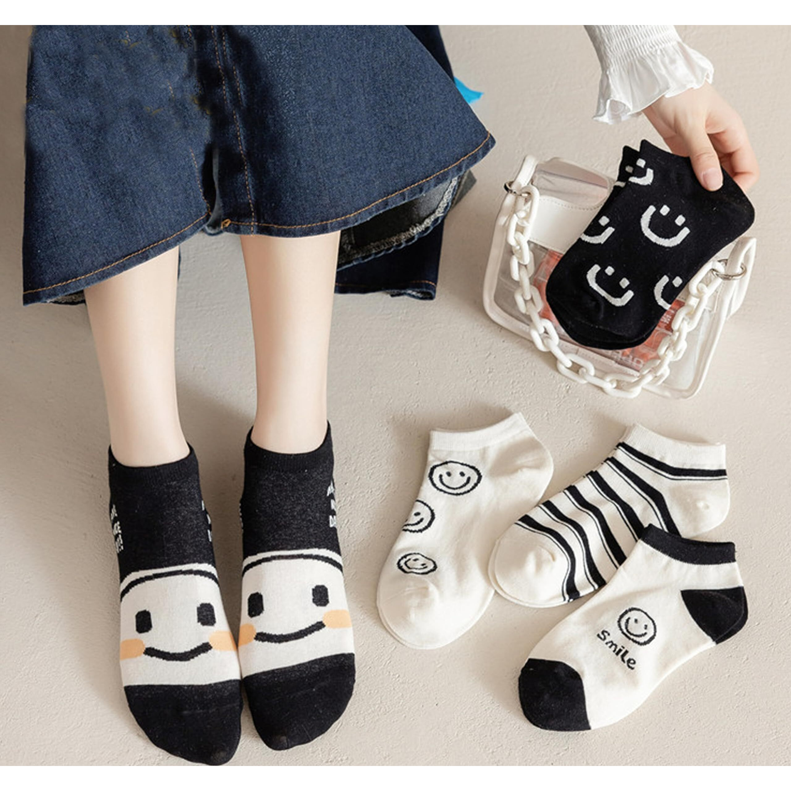 Sweet Caboodles Cotton Women's Ankle Socks For Casual & Sports Multicolor Odour Free Fancy Multi Design Socks Pack (In, Alpha, Free Size, Black Fun)