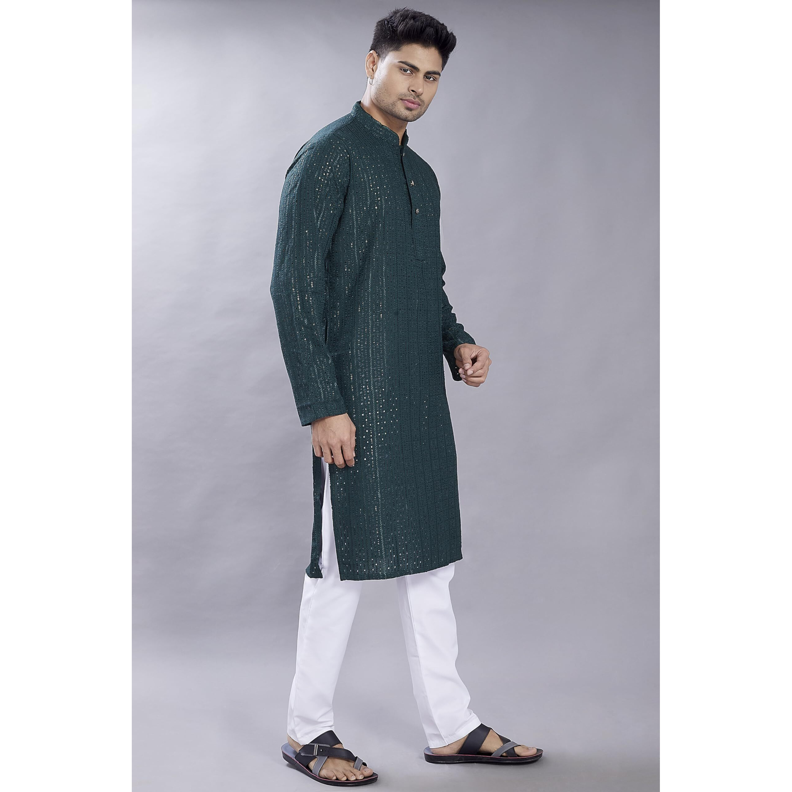 Divisive Men's Embroidered Cotton Blend Only Slim Fit Kurta (Dkrt384_Xxl_Dark Green)