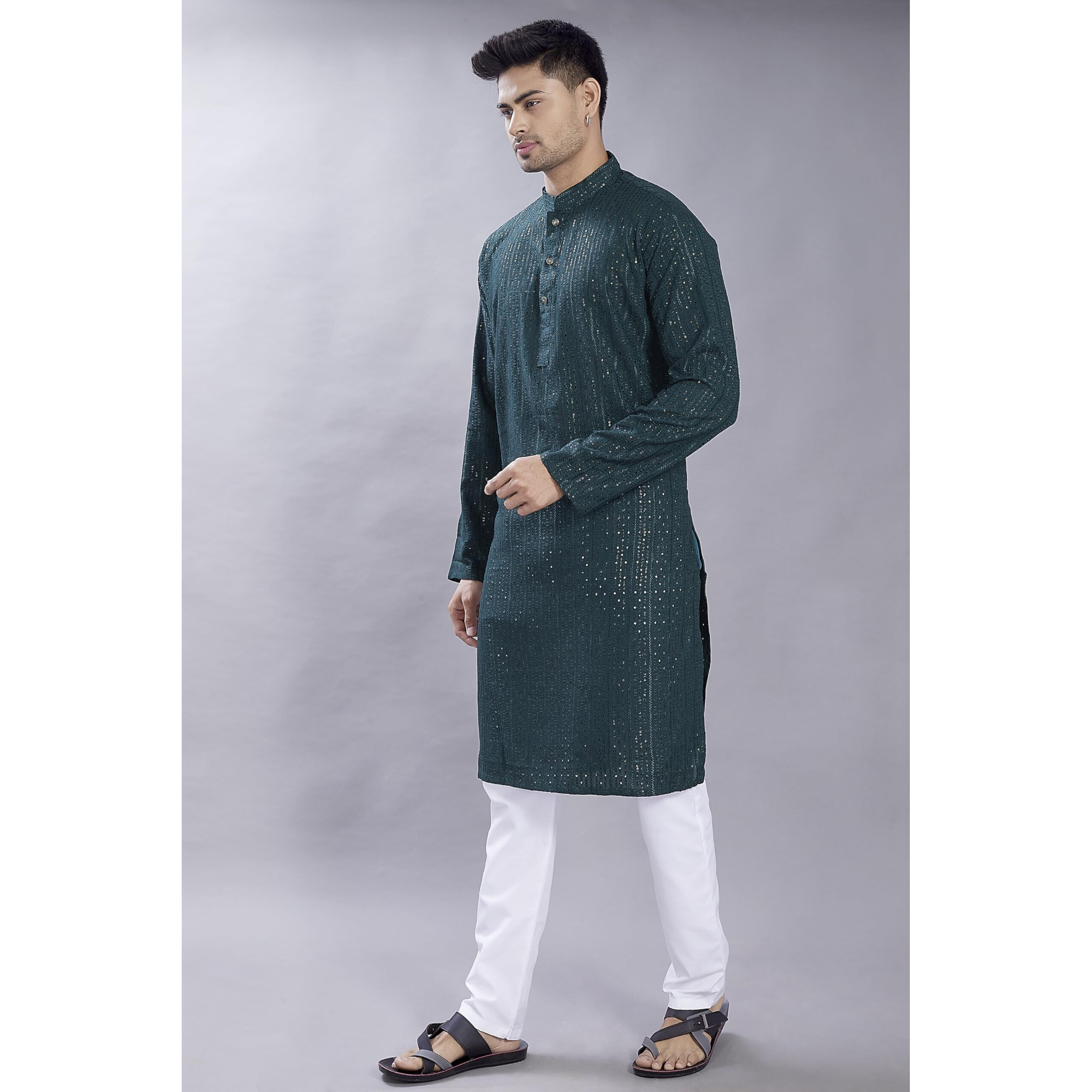 Divisive Men's Embroidered Cotton Blend Only Slim Fit Kurta (Dkrt384_L_Dark Green)