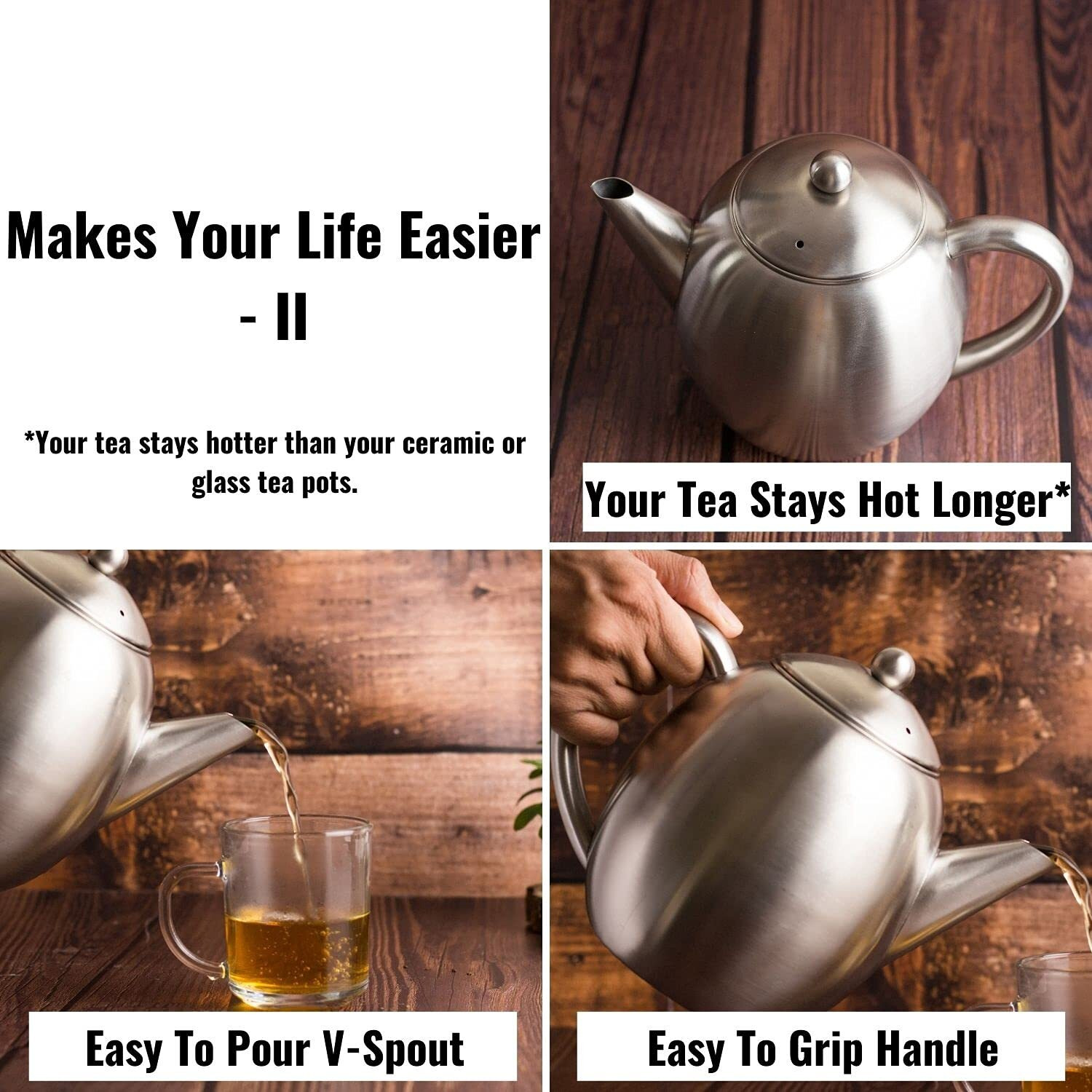 Instacuppa Stainless Steel Tea Pot With Removable Tea Infuser, Easy To Pour Spout, Cool Touch Handle, Attractive Design, Unbreakable Build, 1.2 Litre