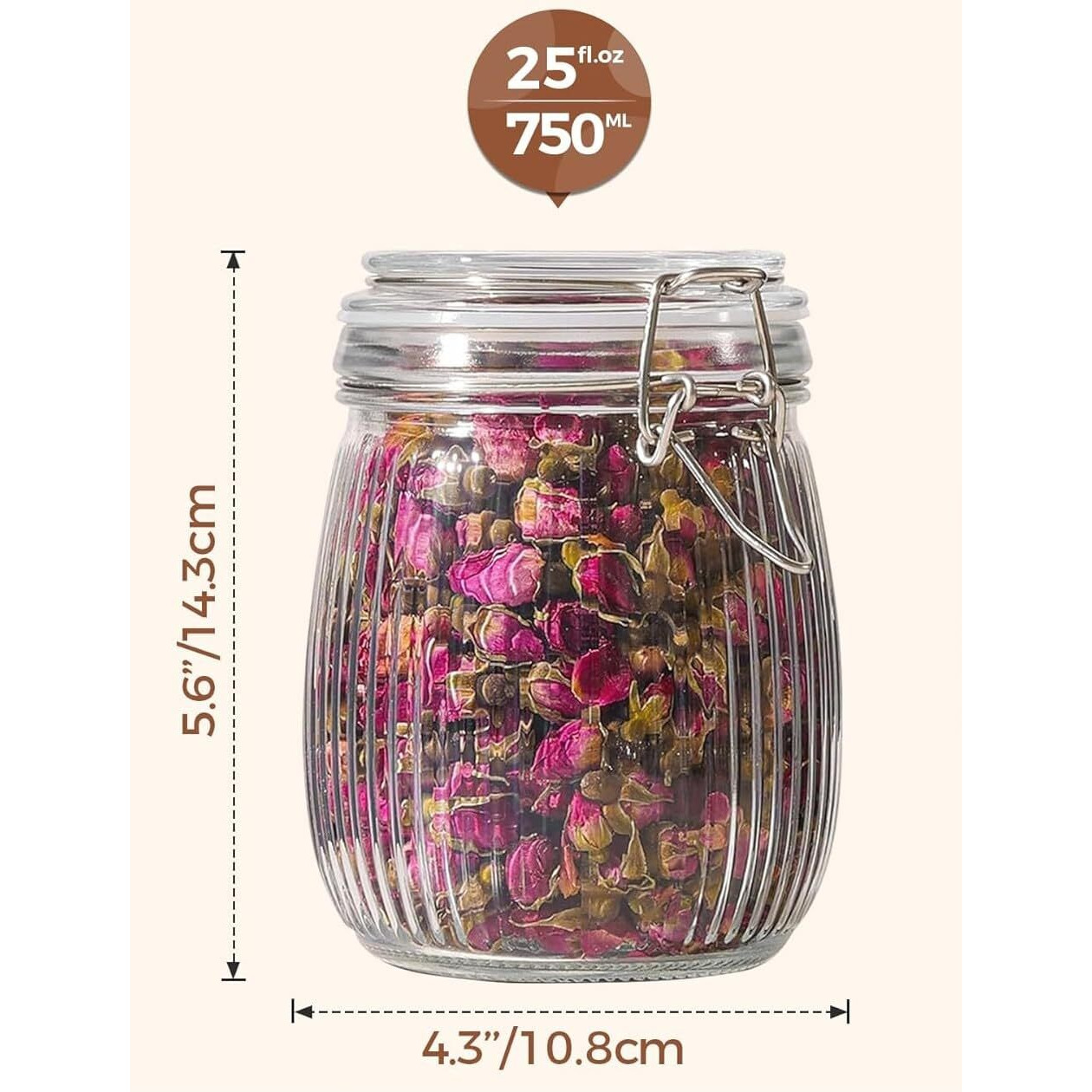 Ash & Roh Airtight Transparent Storage Jar With Rubber Seal Lid And Clip Lock - Perfect For Kitchen Canning, Fermenting, And Storing Dry Food, Spices, Tea, Snacks, Sugar, And More (Pack Of 6, 750 Ml)