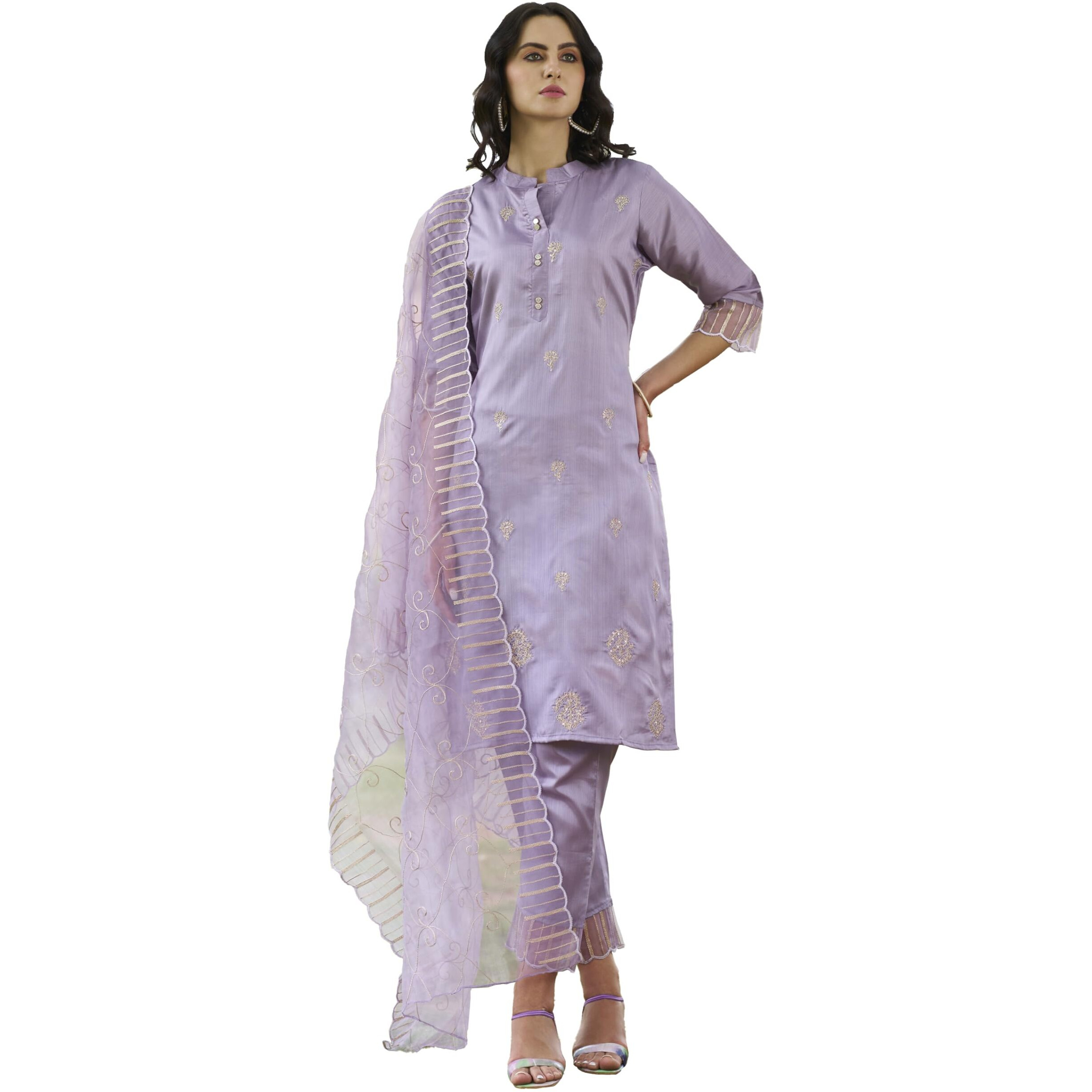 Vredevogel Women's Silk Blend Embroidered Kurta With Pant & Dupatta Set (Lavender-Large)